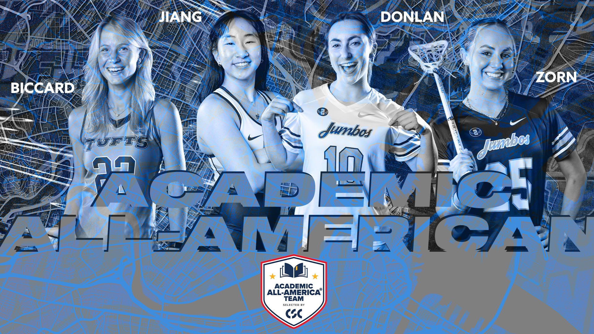 This is the graphic for Tufts' Women's Academic All-America women's at-large team members.