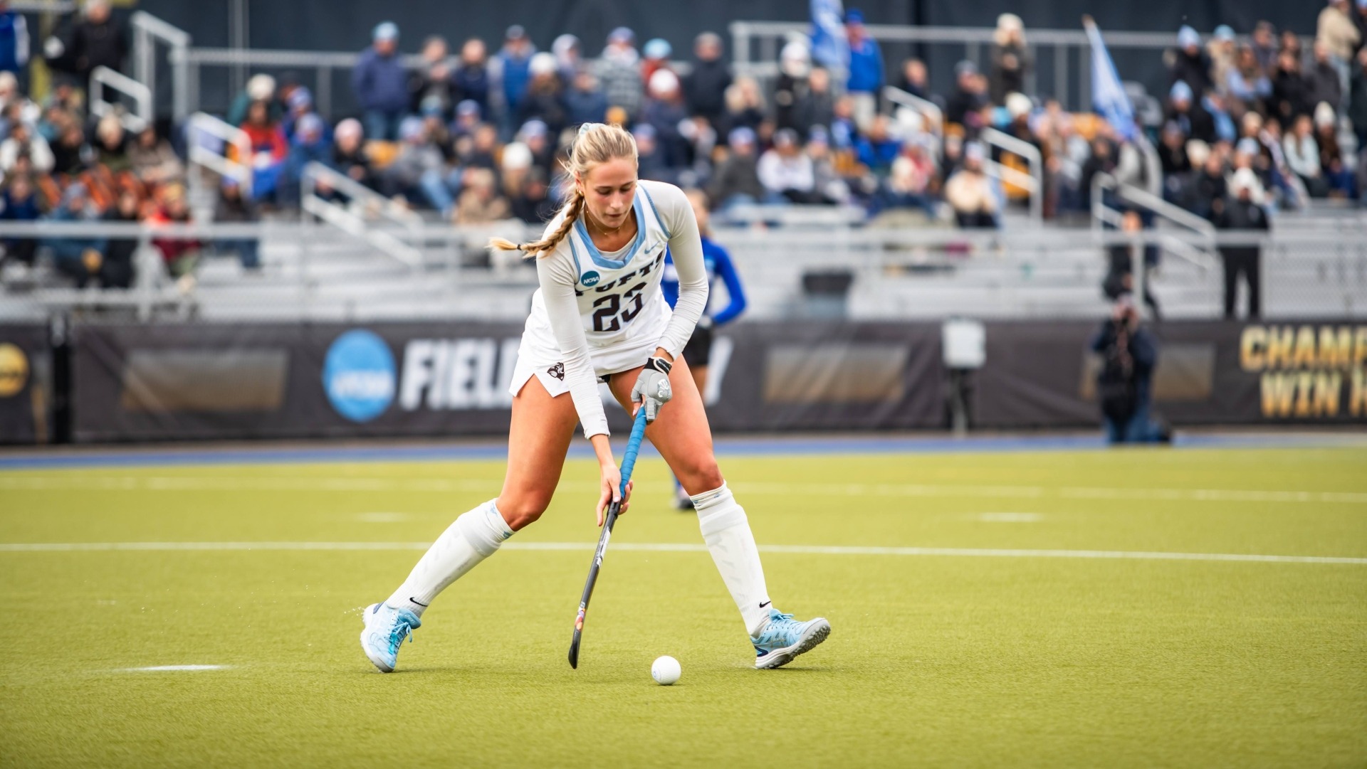 Claire Casey strikes the ball for the Jumbos during an NCAA Tournament game.