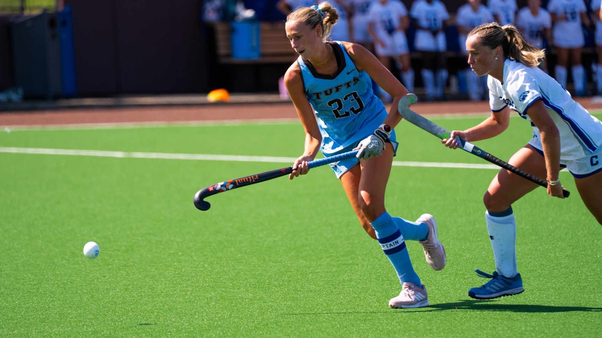 Claire Casey works to control the ball in the game against Colby.