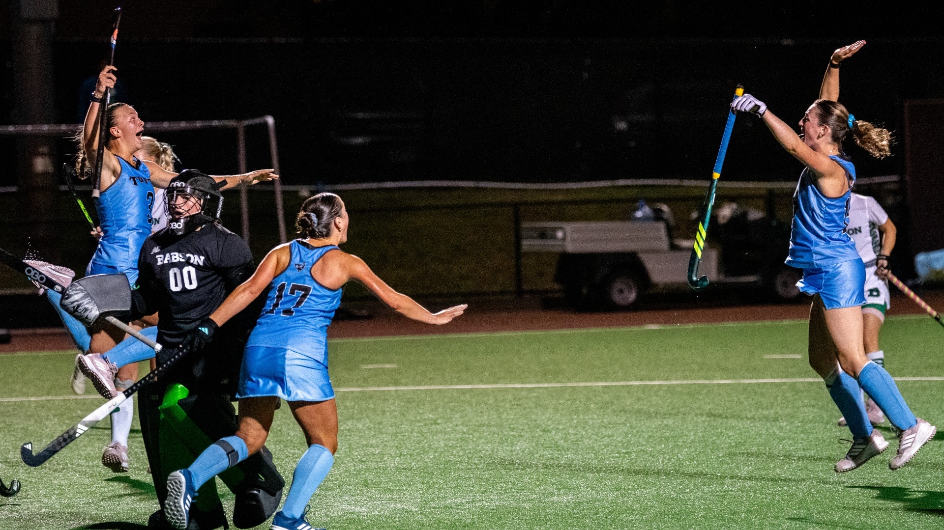 The Jumbos celebrate Lilly Ragusa's goal against Babson College.