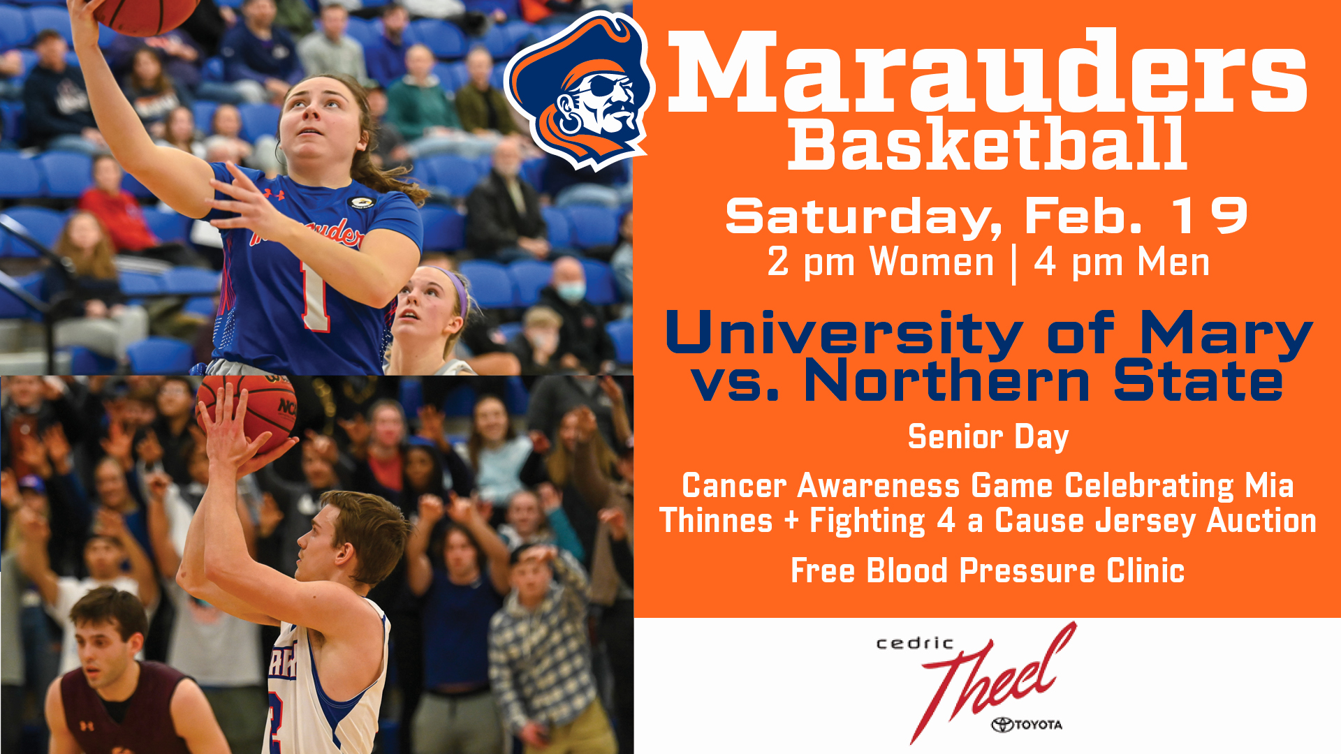 Basketball home finale Saturday sponsored by Cedric Theel Toyota includes senior day, cancer