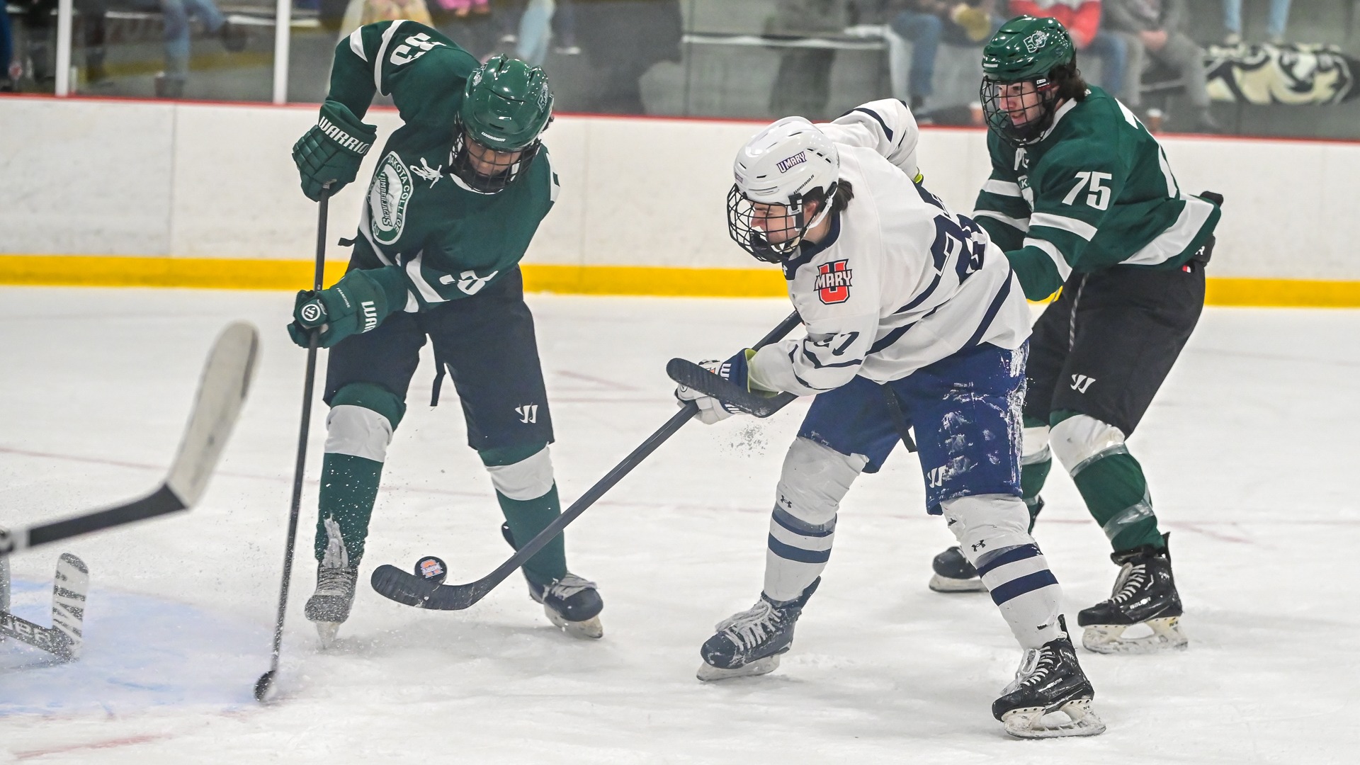 Palmer Sinclair handles the puck in front of the net