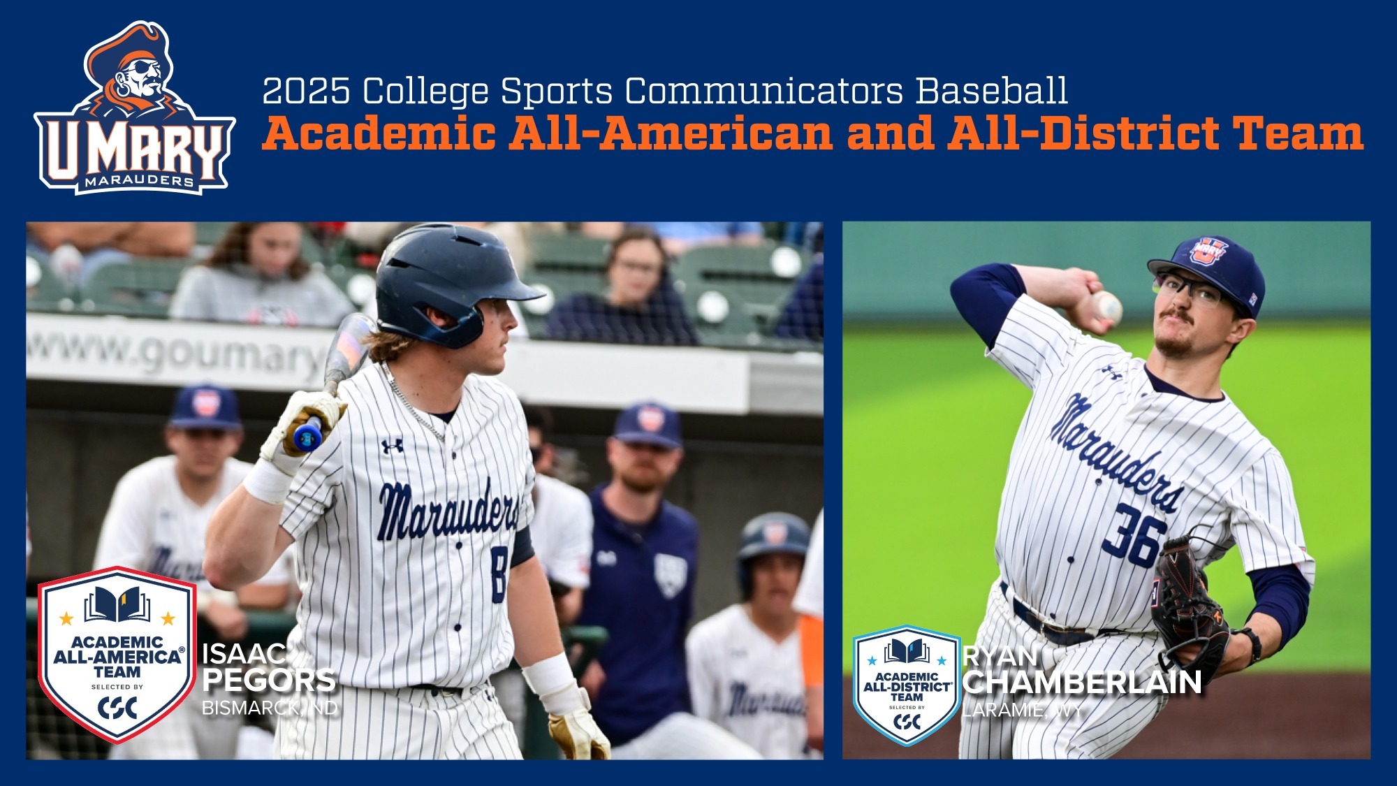 Academic All-America and All-District Baseball Graphic for Isaac Pegors and Ryan Chamberlain