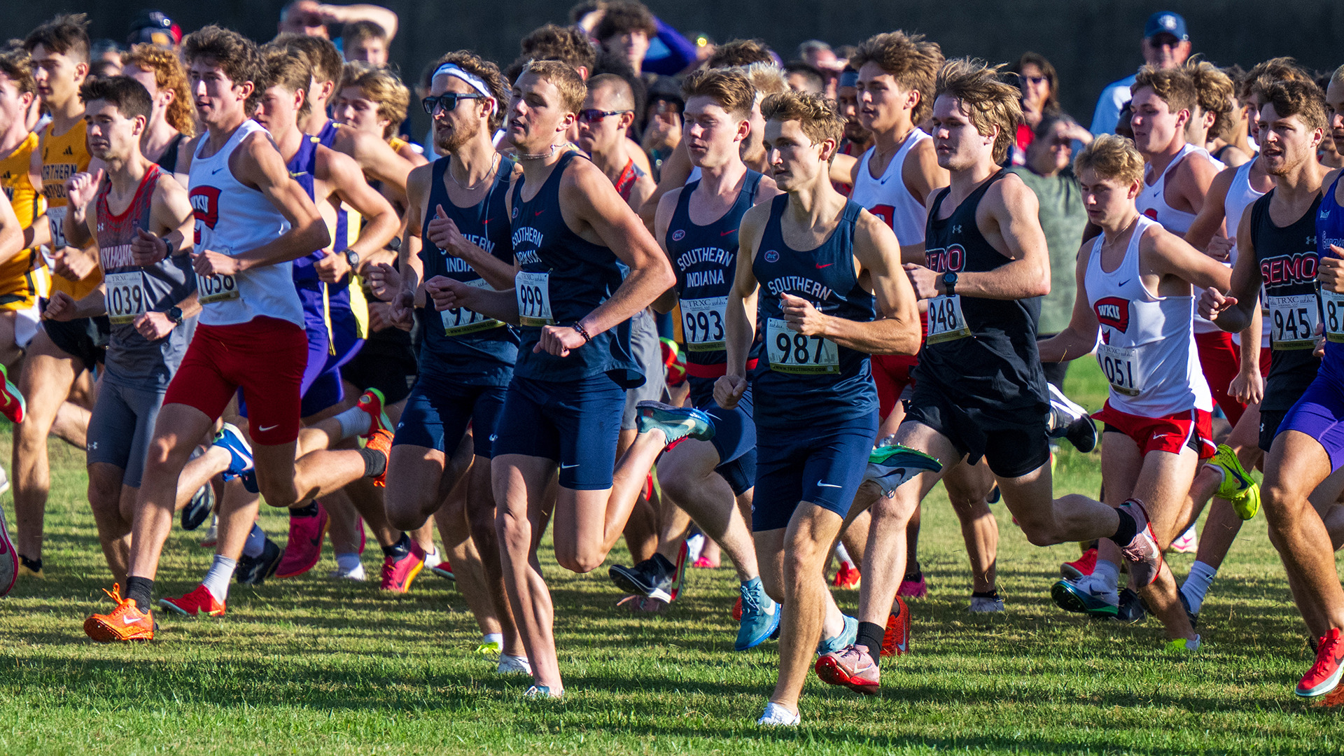 2025 USI Men's Cross Country Team races at the Angel Mounds Invitational October 17 in Evansville, Indiana.