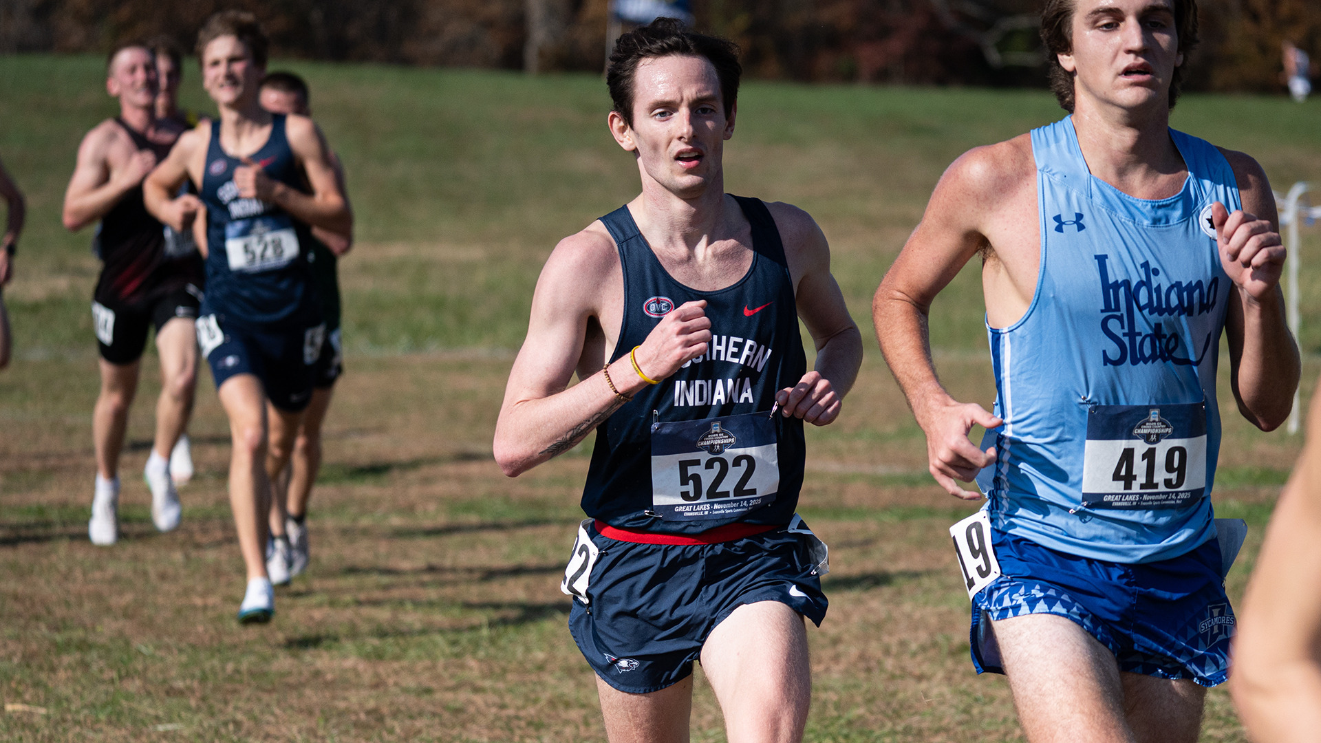 Dominick Beine races to a 58th-place finish at the NCAA Division I Great Lakes Region Championships November 14, 2025, at Angel Mounds Historical Site in Evansville, Indiana.