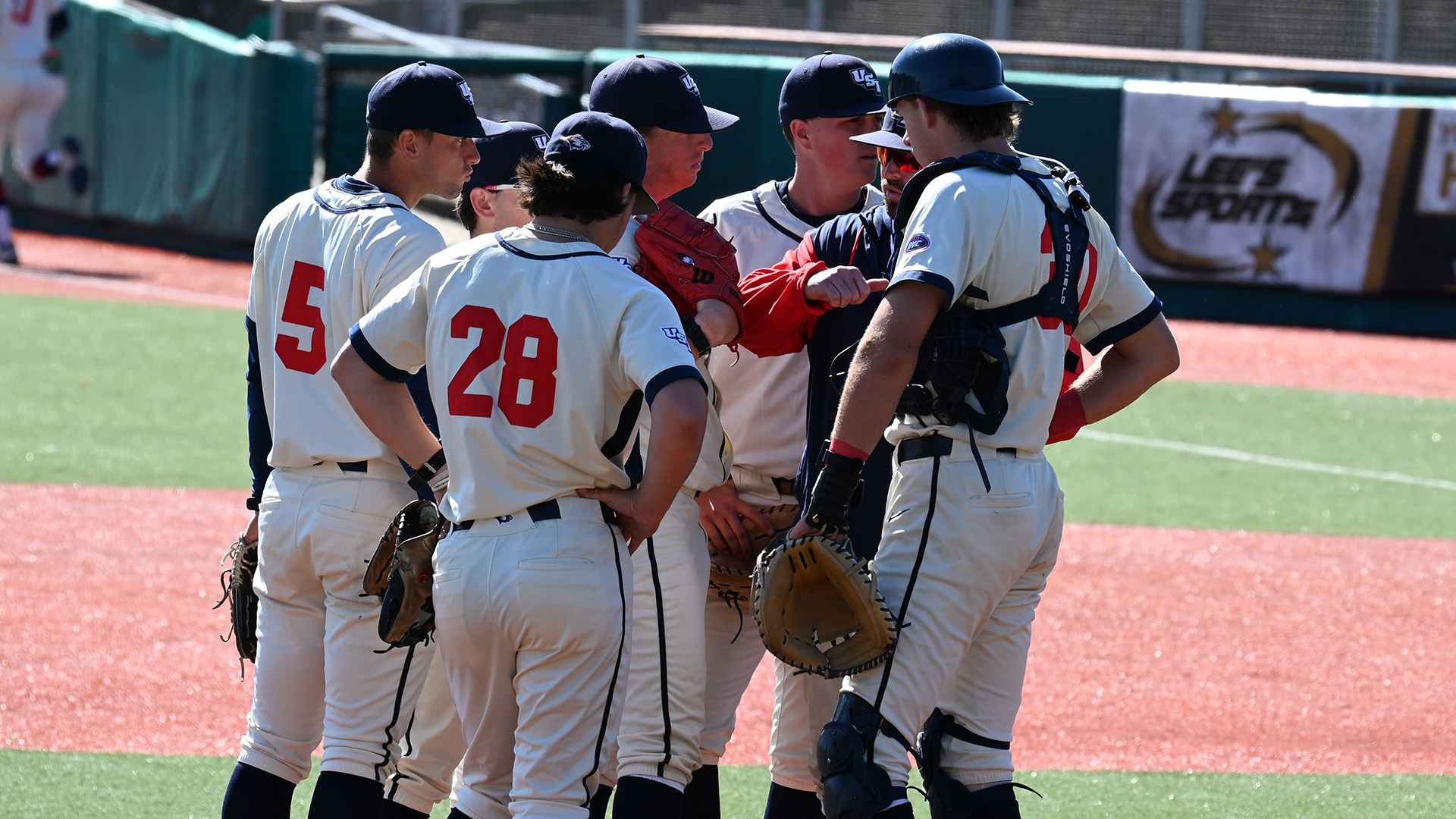 USI mound meeting vs. Little Rock in OVC Tourney