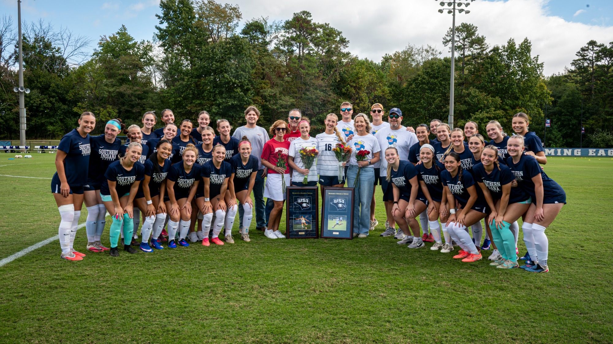 USI Women's Soccer celebrates 2026 Senior Day with a group photo.