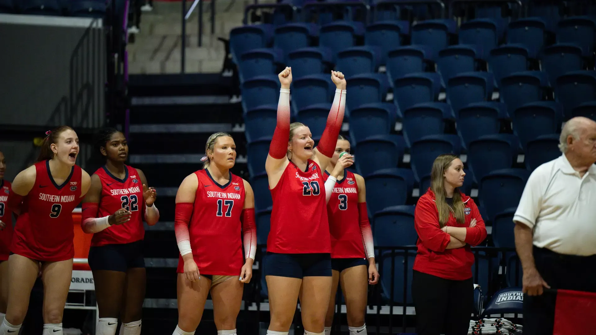 USI VB vs MSU Pink Day Jillian Moonan celebrating