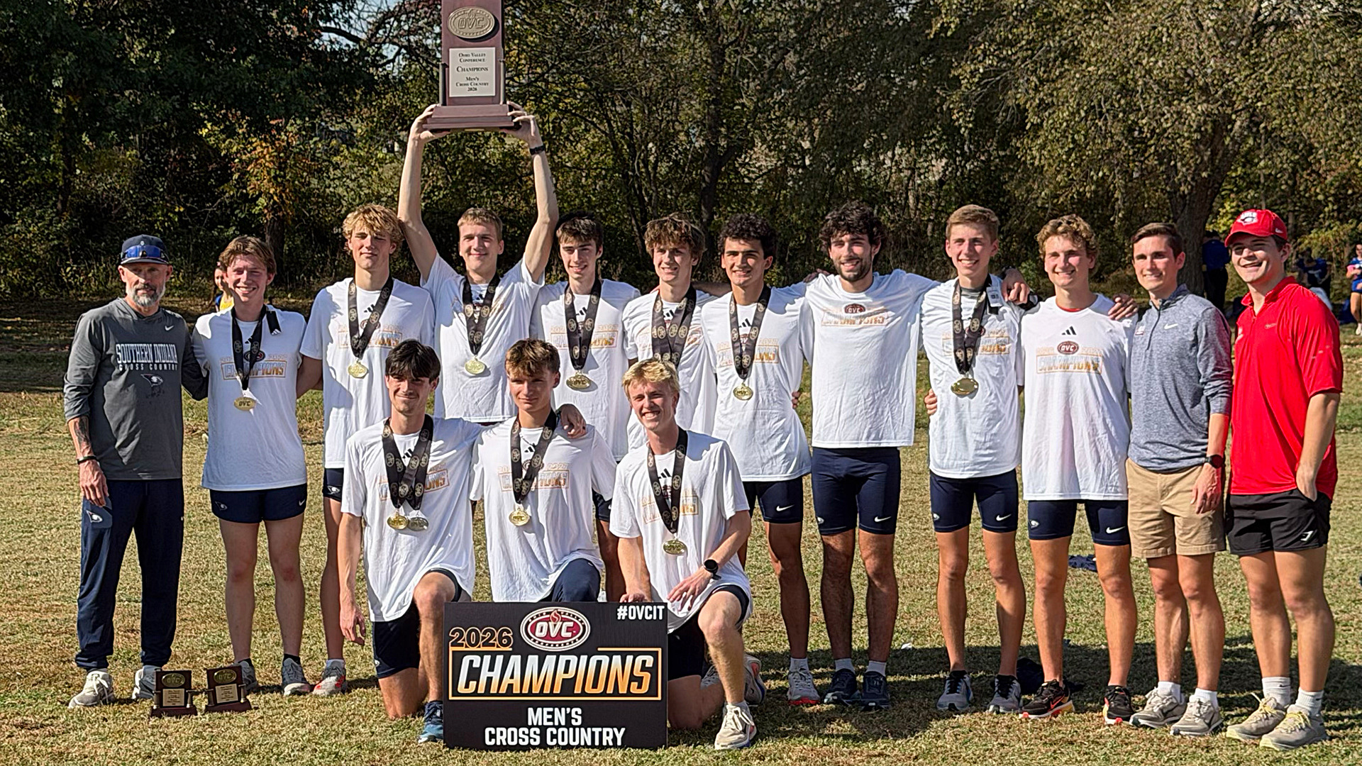 USI Men's Cross Country team following its win at the 2026 OVC Championships in Cape Girardeau, Missouri, on October 30.
