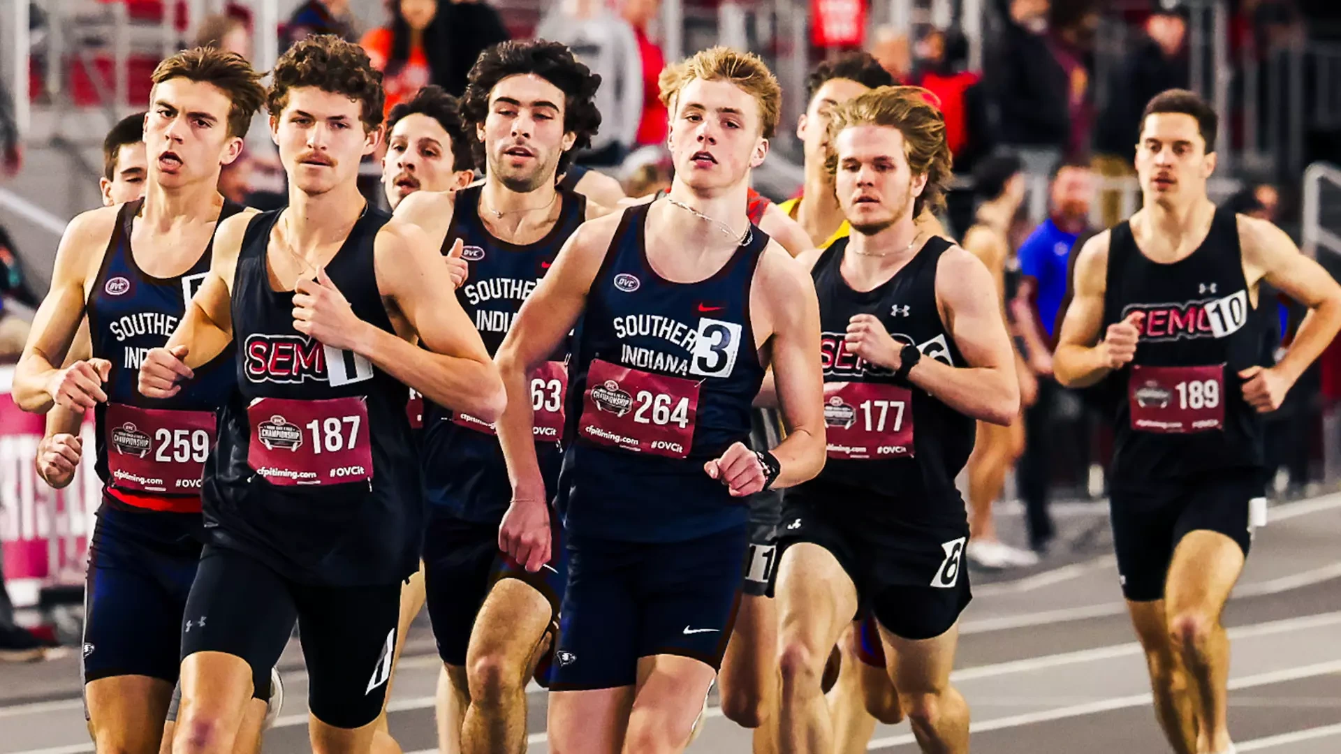 Kraedyn Young races to a first-place finish in the mile at the 2026 OVC Indoor Championships February 25 in Louisville, Kentucky.