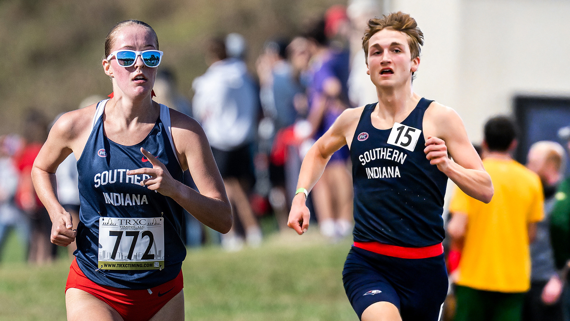 Ellie Hall (left) racing at the NCAA Division One Great Lakes Region Championships November 14, 2025, in Evansville, Indiana, and Alex Nolan (right) racing at the Music City Challenge February 14, 2026, in Nashville, Tennessee.