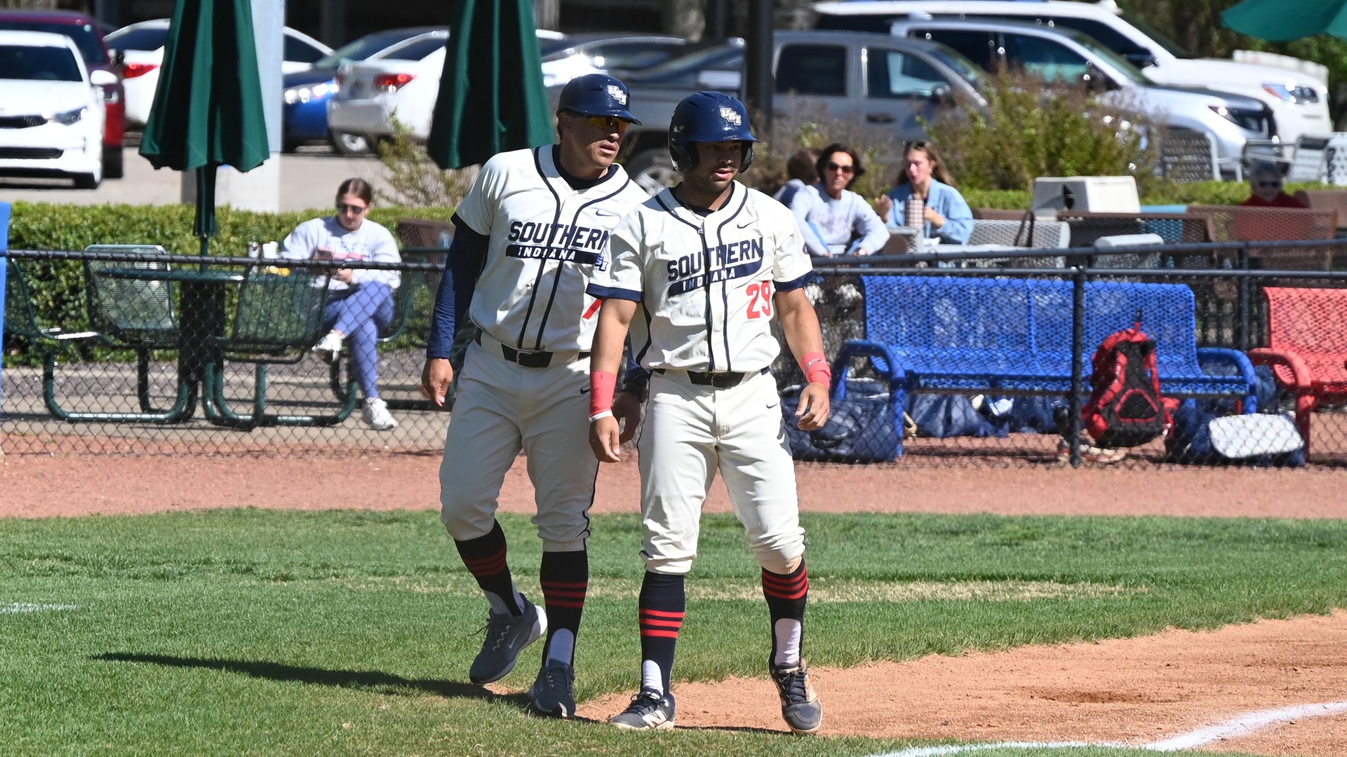 USI HC Chris Ramirez coaching third vs. Bellarmine 