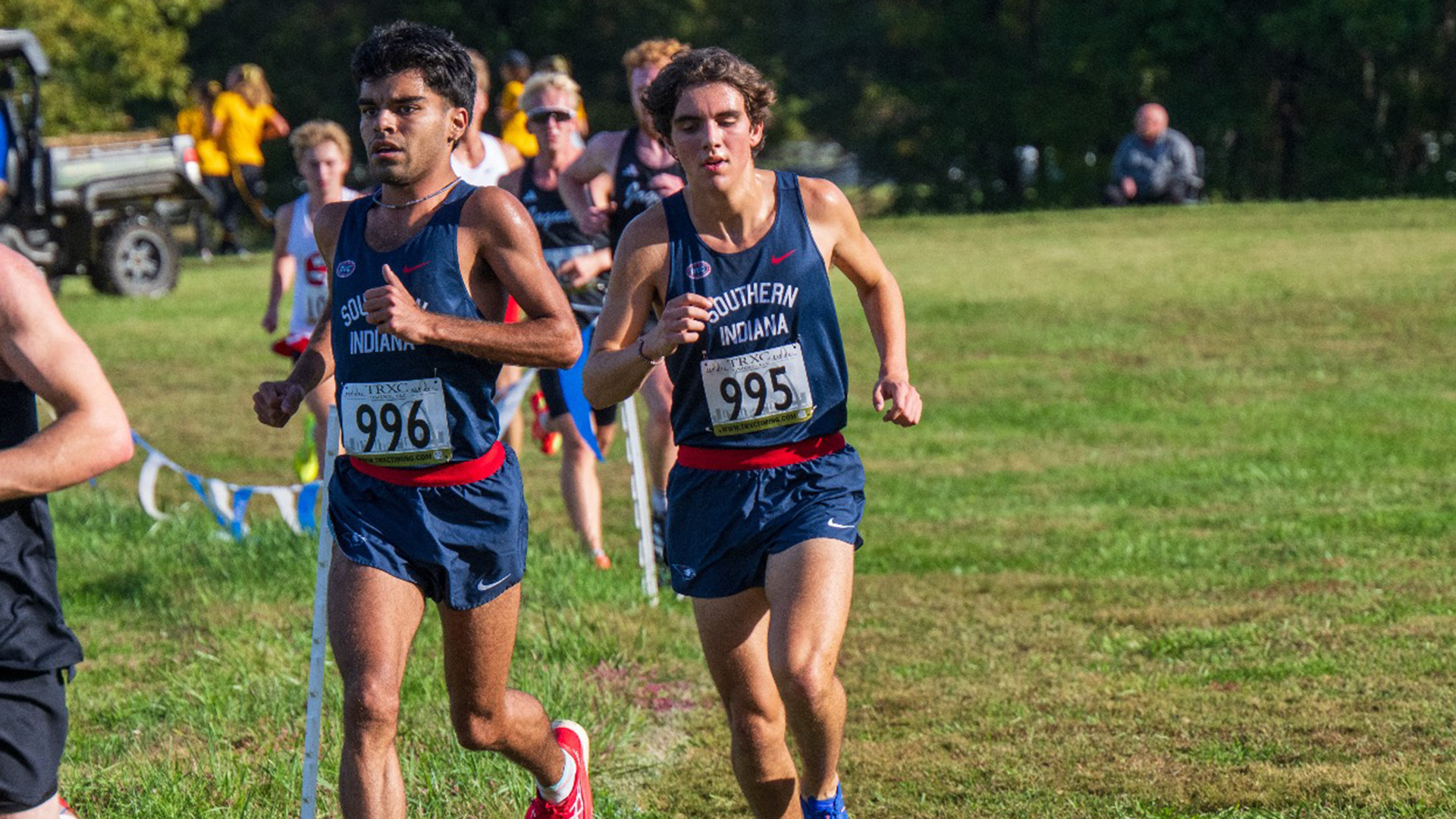 Mukal Verma (left) and Brady Tremayne (right) race at the Angel Mounds Invitational October 17, 2025 in Evansville, Indiana.