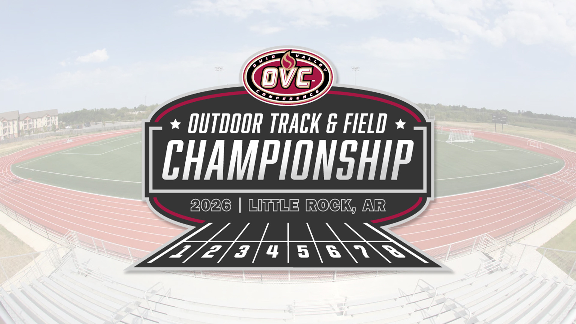 2026 OVC Outdoor Track & Field Championship Logo on top of a photo of the track & soccer field at the University of Arkansas Little Rock's Coleman Sports Complex.