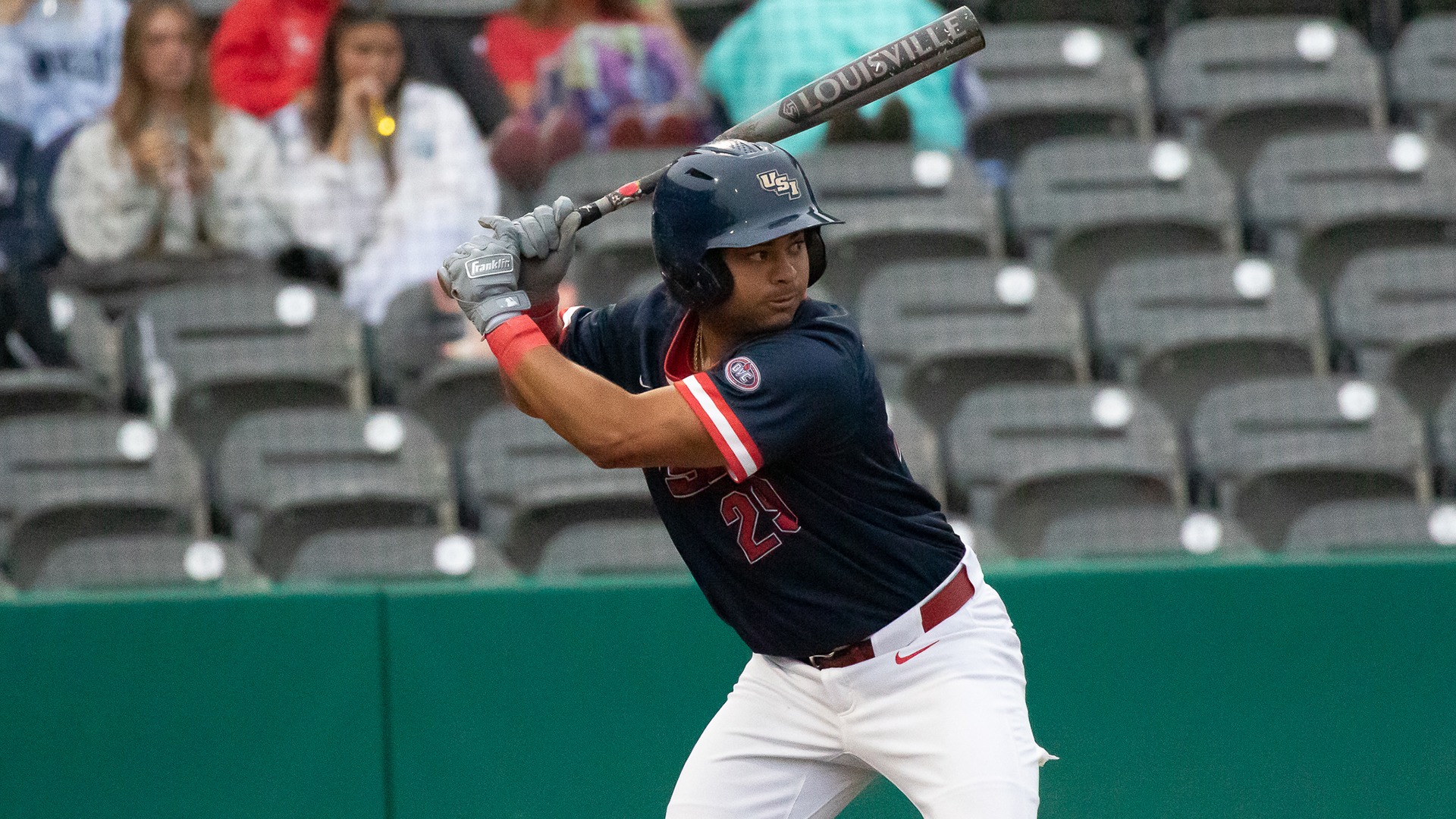Baseball's Noah Foster at the plate vs. Little Rock in the OVC Tournament
