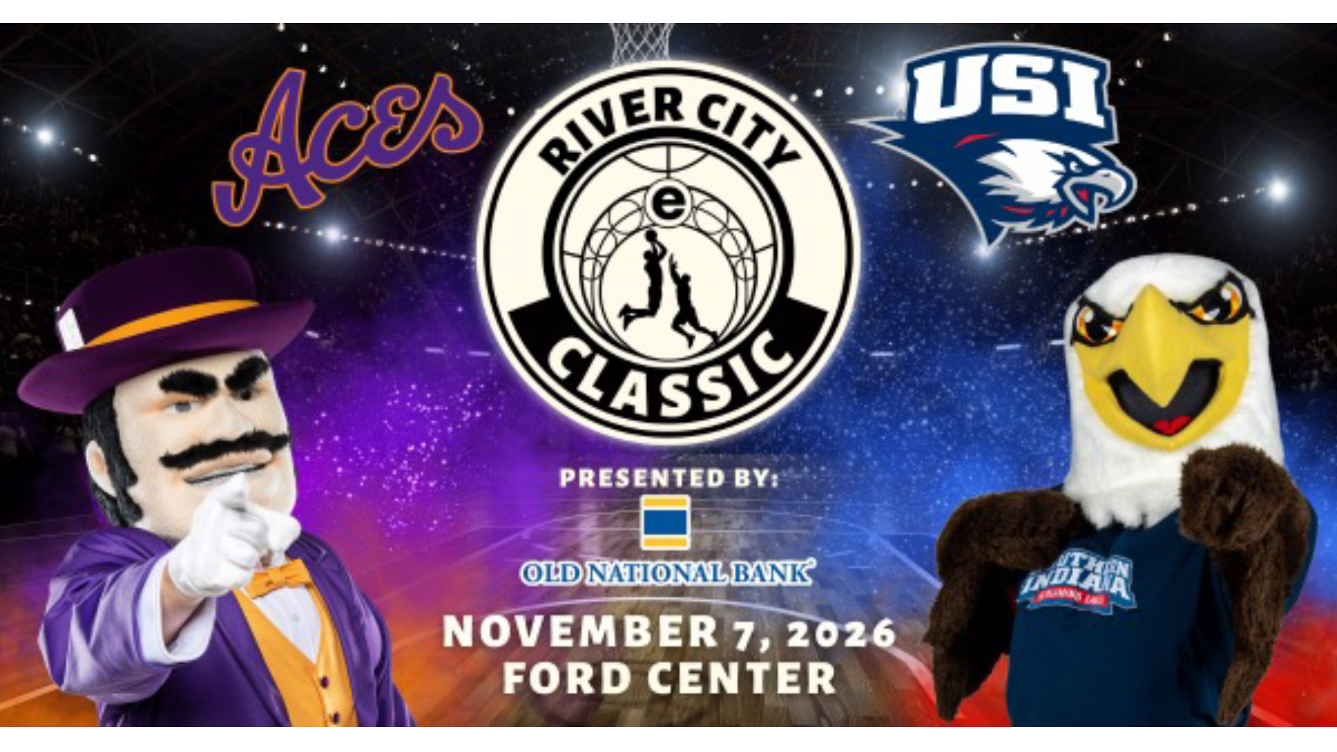 River City Classic Annoucement Graphic featuring UE Mascot and USI Mascot Archibald Eagle.