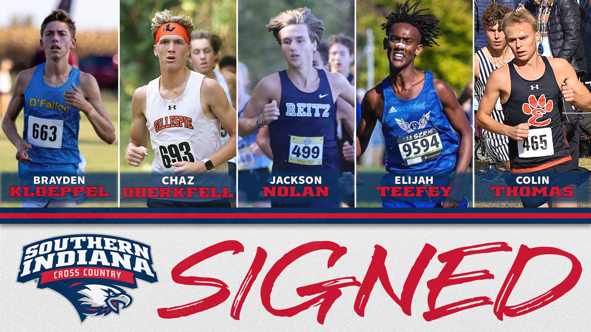  Men's Cross Country/Track & Field 2026-27 incoming recruits graphic featuring photos from left to right of Brayden Kloeppel, Chaz Oberkfell, Jackson Nolan, Elijah Teefey and Colin Thomas.