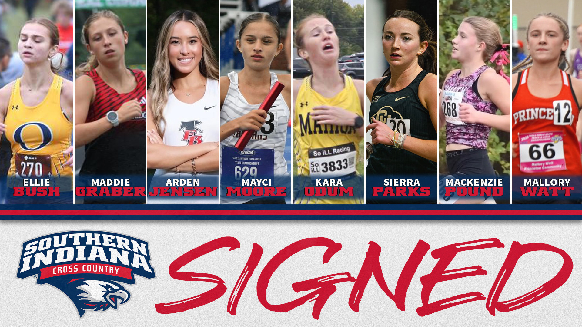 USI Women's Cross Country/Track & Field 2026-27 including recruits graphic featuring from left-to-right Ellie Bush, Maddi Graber, Arden Jensen, Mayci Moore, Kara Odum, Sierra Parks, Maceknzie Pound and Mallory Watt.