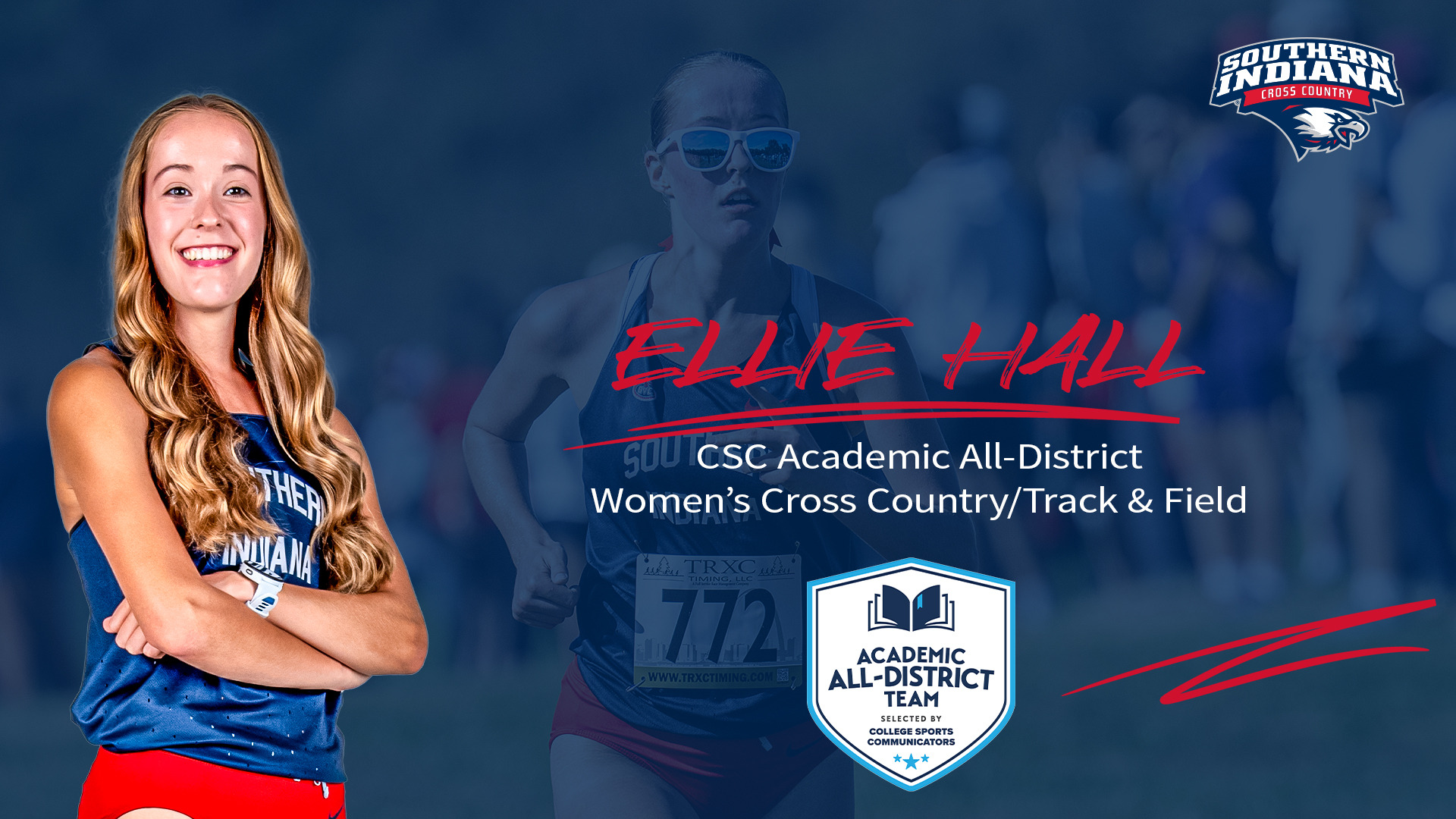 Ellie Hall Academic All-District Graphic featuring a posed photo of Ellie Hall and a faded action photo of Ellie Hall running at Angel Mounds in the background.