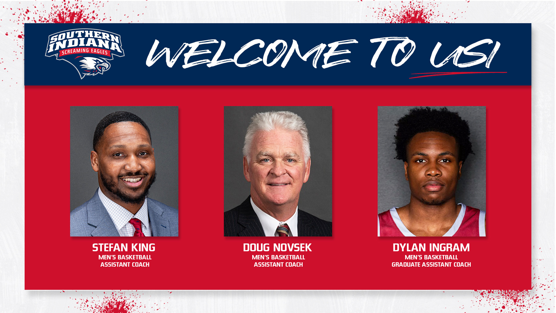Men's Basketball 2026-27 Assistant Coach Additions Graphic featuring head shots from left to right of Stefan King, Doug Novsek and Dylan Ingram.