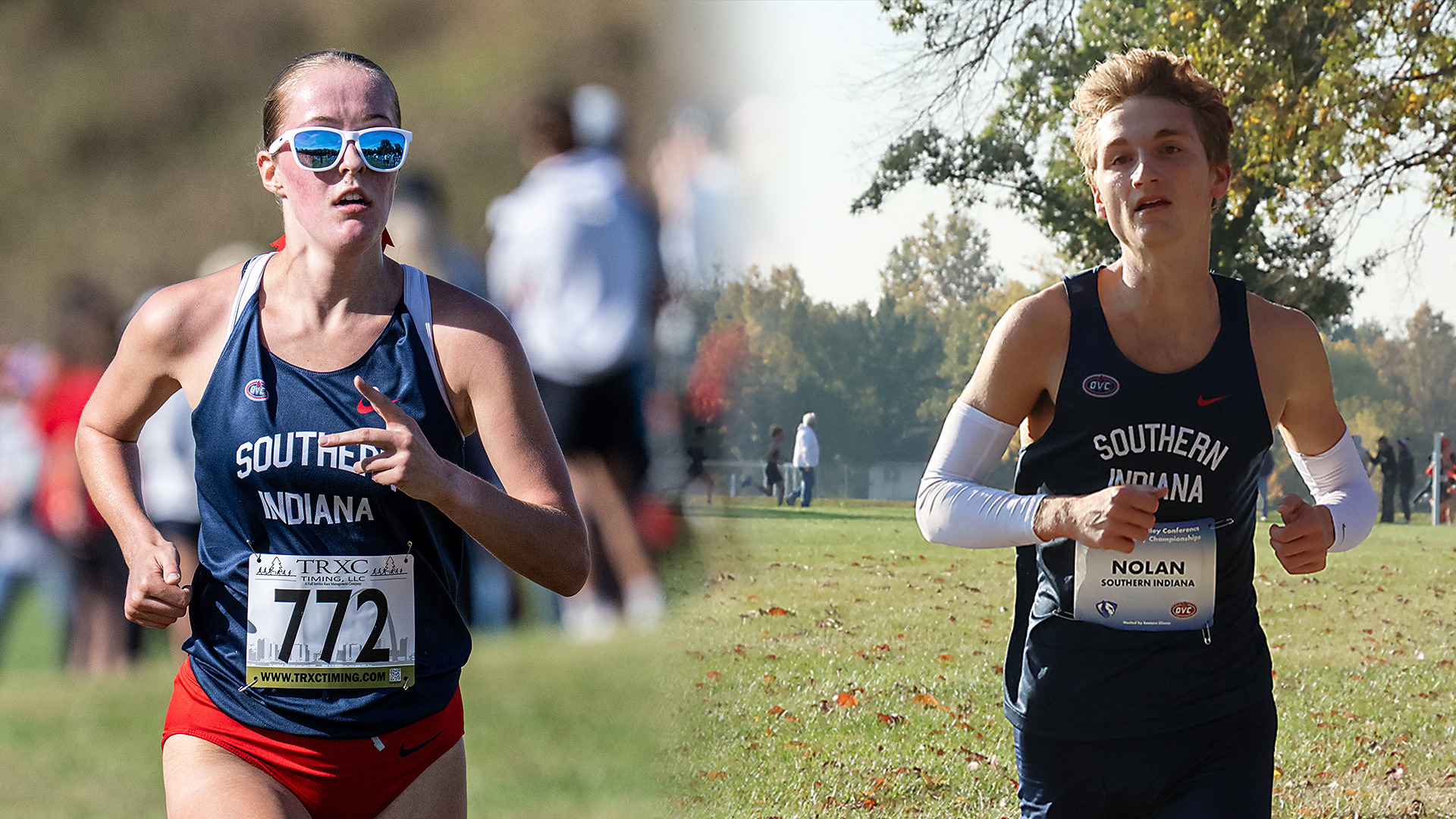 Ellie Hall (left) races at Angel Mounds in Evansville, Indiana, during the 2025 cross country season, while Alex Nolan (right) races at the 2025 OVC Championships in Charleston, Illinois.