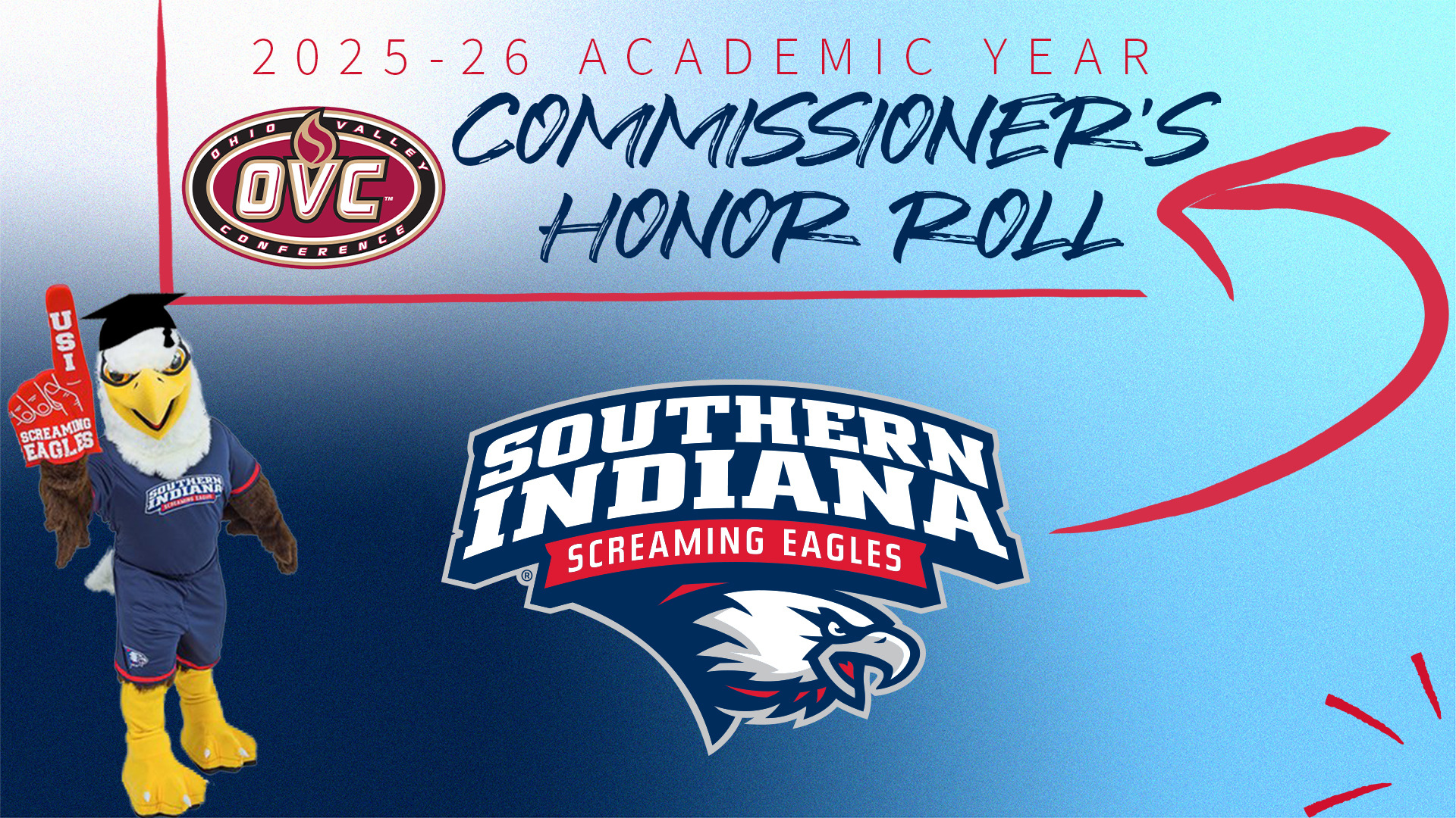 2025-26 Academic Year OVC Commissioner's Honor Roll Graphic featuring Archibald T Eagle with a foam Number 1 sign and a graduation cap. There is an arrow going from USI's Screaming Eagles Athletics logo to the Commissioner's Honor Roll text, which is to the right of an OVC Logo.