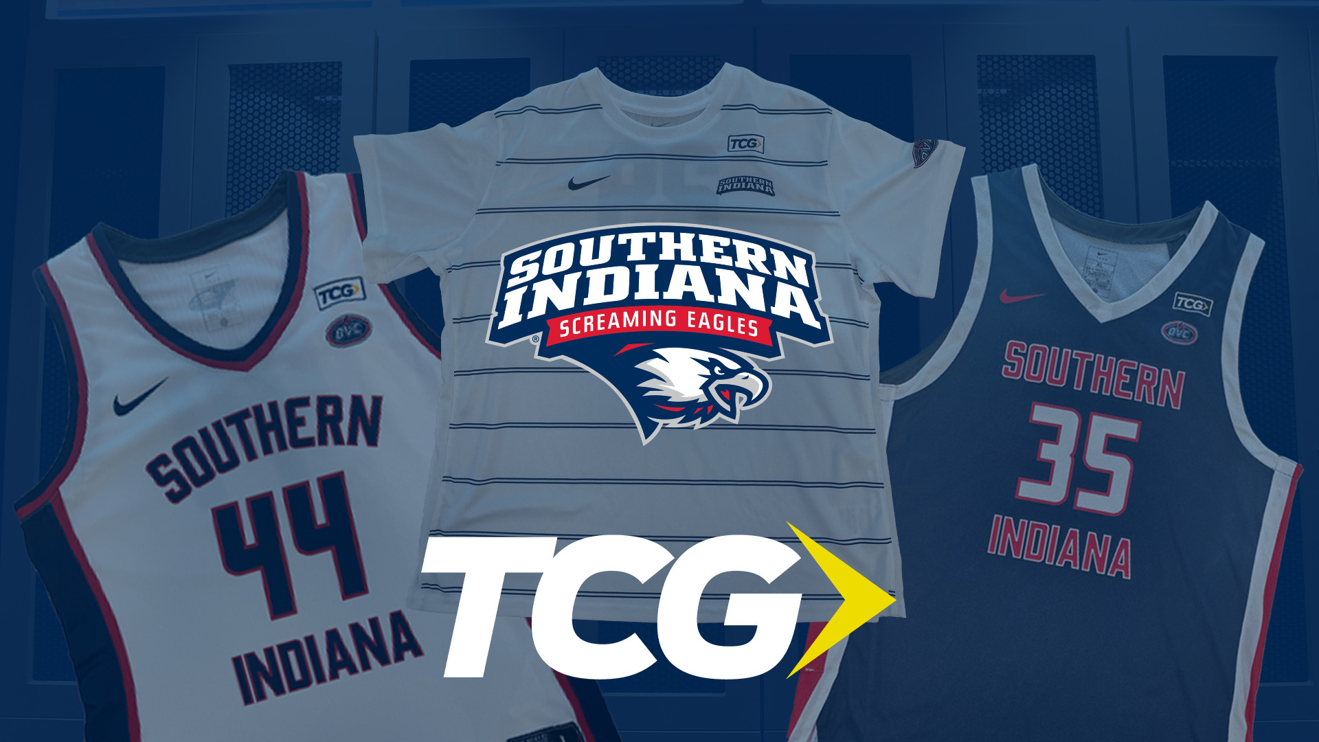 TCG Jersey Partnership Graphic with USI logo, TCG logo and a women's basketball jersey, women's soccer jersey and men's basketball jersey. All the jersey's have the TCG patch on the upper left sides.