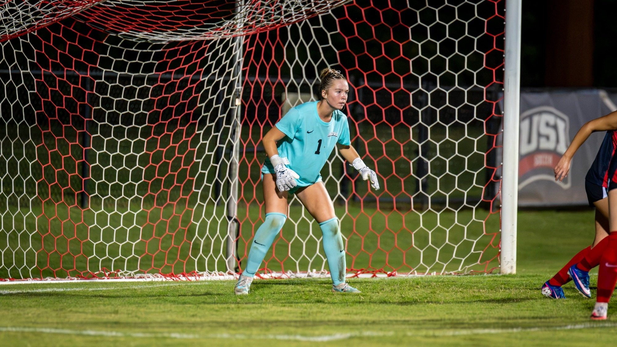 USI Women's Soccer goalkeeper Merrick Schwalbach gets in position against Wright State.