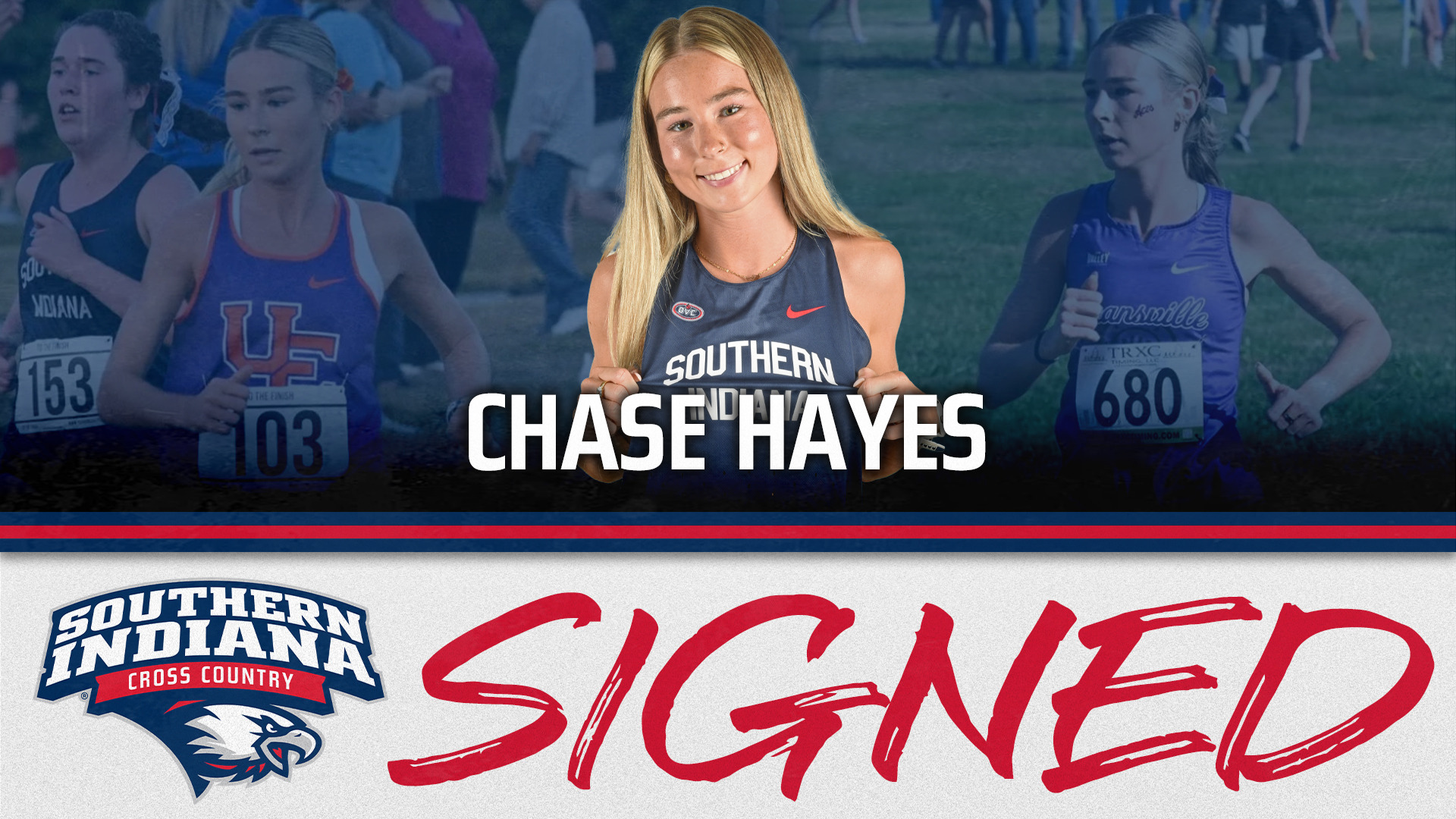 Signing graphic of Chase Hayes in her USI uniform and action photos in the background of Chase Hayes when she competed at the University of Evansville.