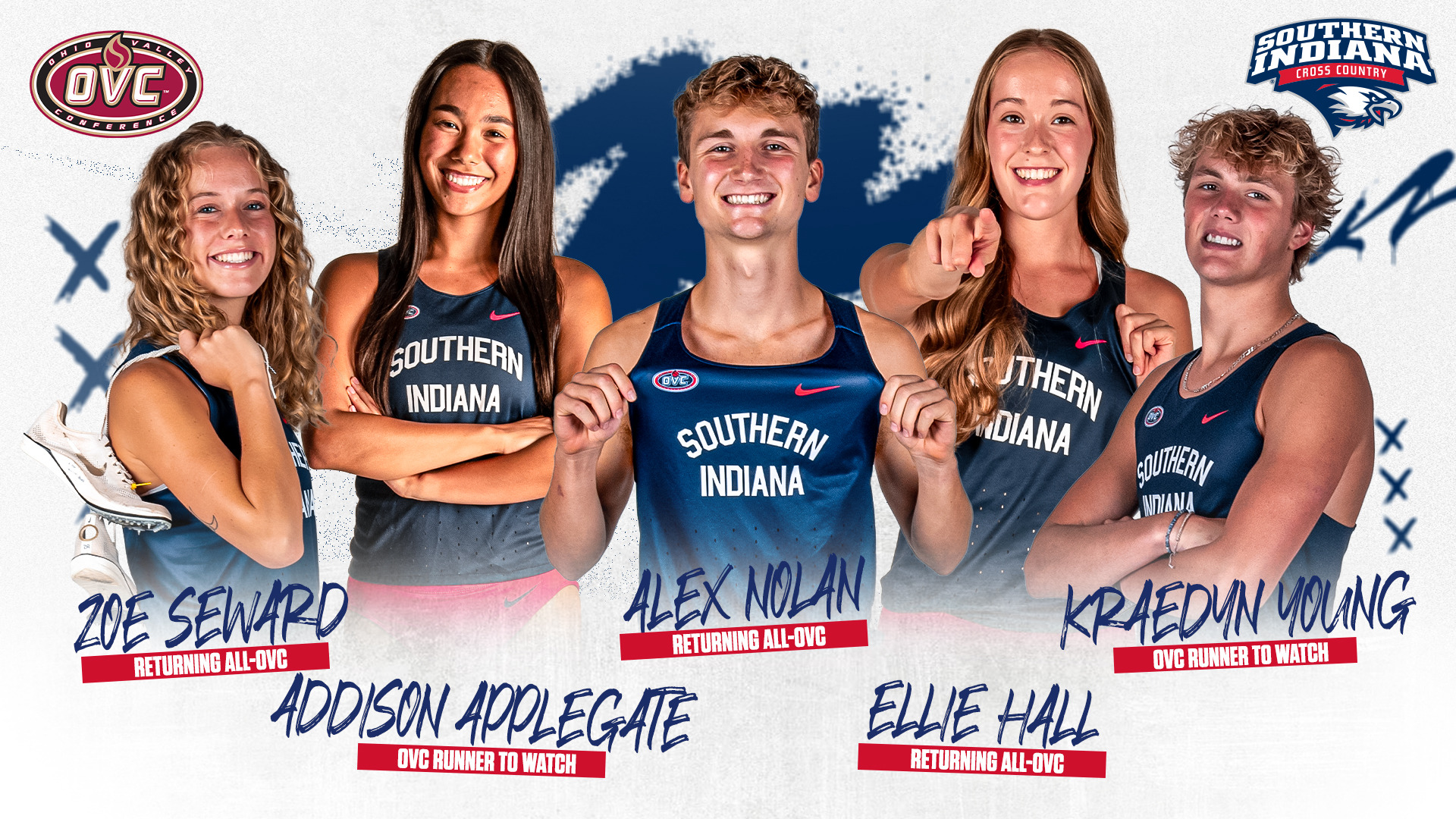 OVC Cross Country Preseason Preview Graphic featuring USI's returning All-OVC members and runners to watch from left to right Zoe Seward (Returing All-OVC), Addison Applegate (OVC Runner to Watch), Alex Nolan (Returning All-OVC), Ellie Hall (Returning All-OVC) and Kraedyn Young (OVC Runner to Watch).