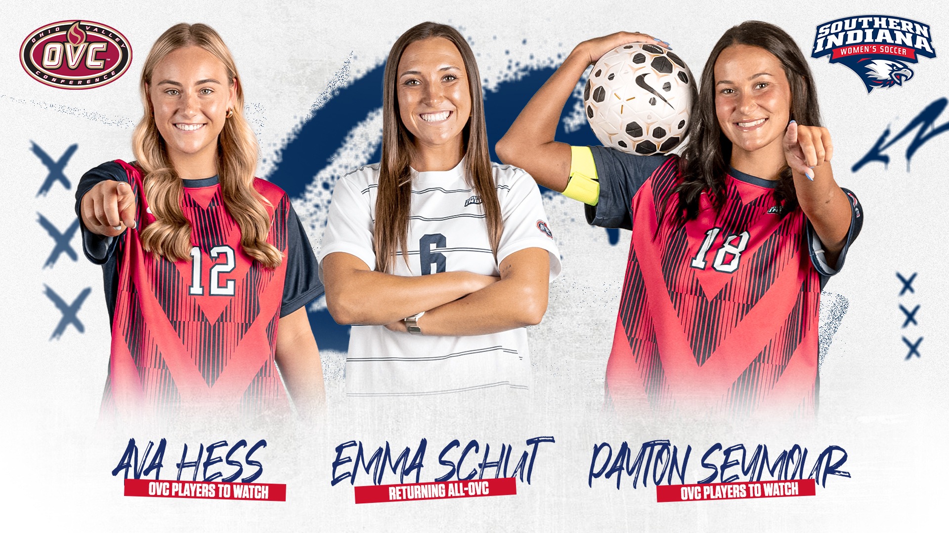 OVC announces preseason poll and players to watch. USI Women's Soccer represented by Emma Schut as returning All-OVC, with Ava Hess and Payton Seymour on the OVC Preseason Players to Watch List.