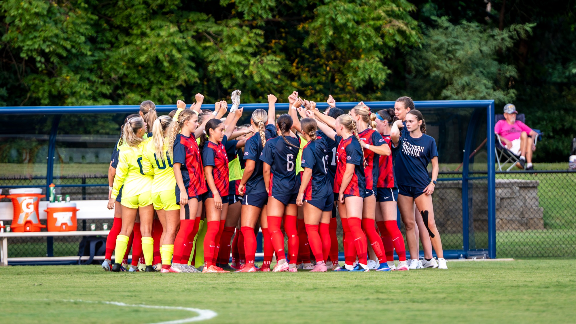 USI Women's Soccer exhibition vs. Bellarmine pregame team huddle