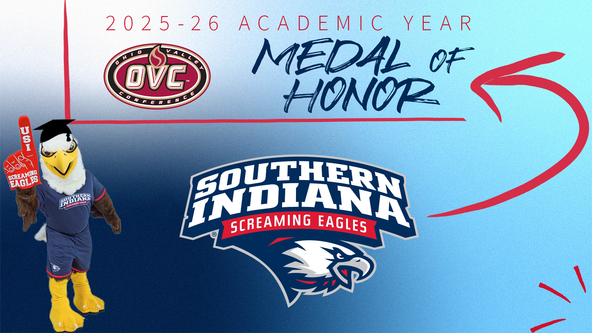 2025-26 Academic Year OVC Medal of Honor Graphic featuring Archibald T Eagle with a foam Number 1 sign and a graduation cap. There is an arrow going from USI's Screaming Eagles Athletics logo to the Medal of Honor text, which is to the right of an OVC Logo.