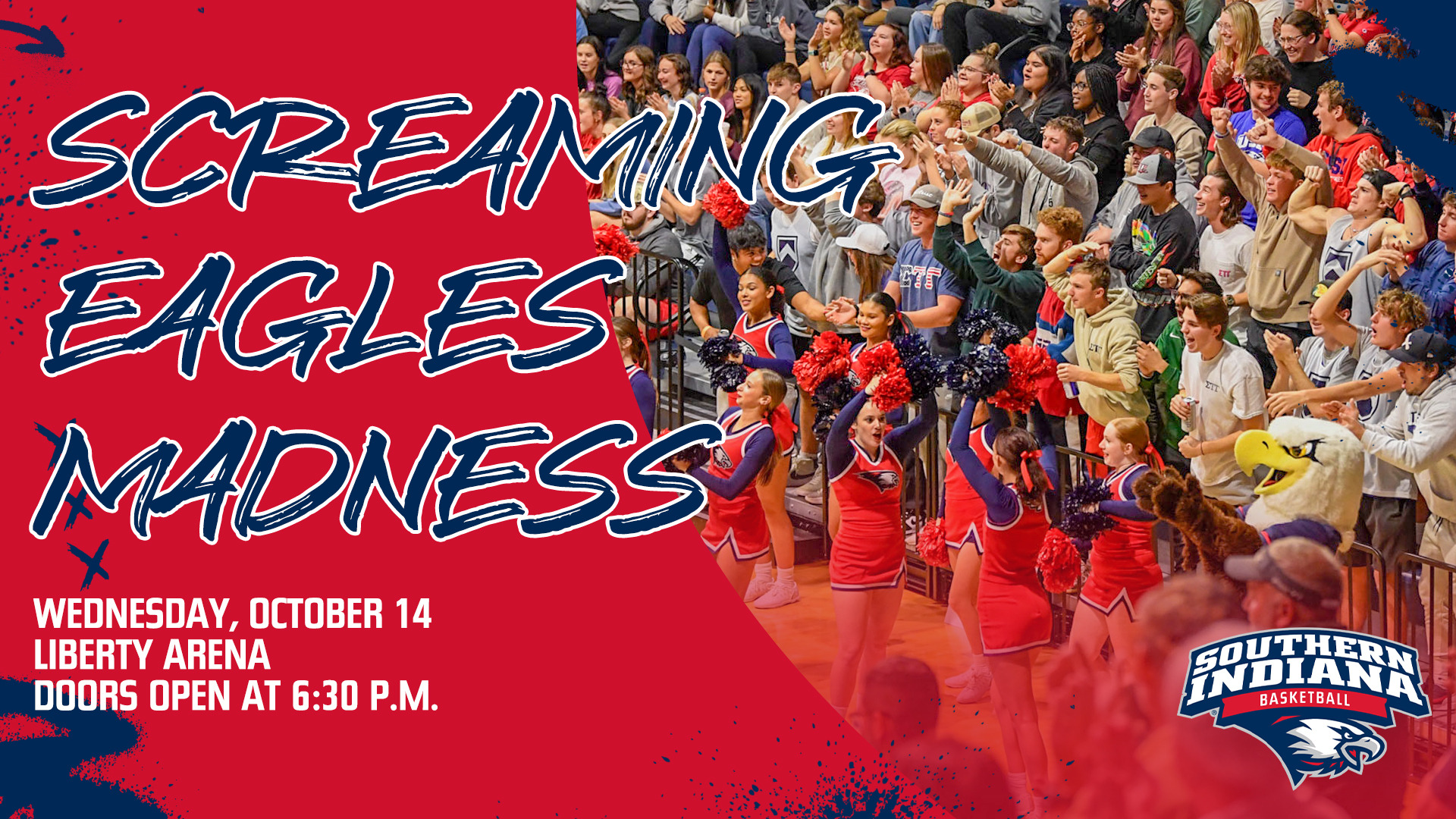 2026 Screaming Eagles Madness Graphic featuring a red background with a photo of Liberty Arena during a previous Screaming Eagles Madness event.