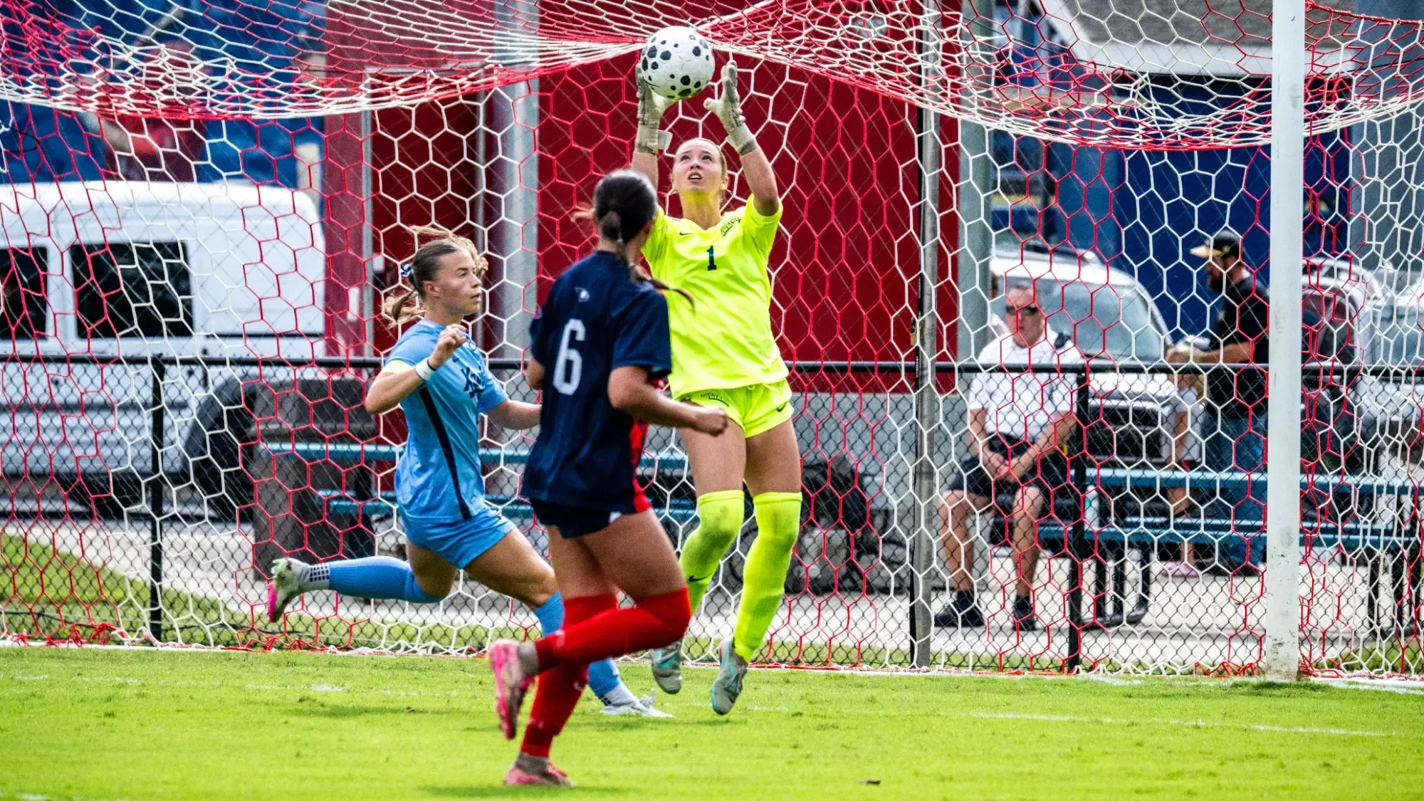 USI Women's Soccer Merrick Schwalbach making a save vs. Xavier