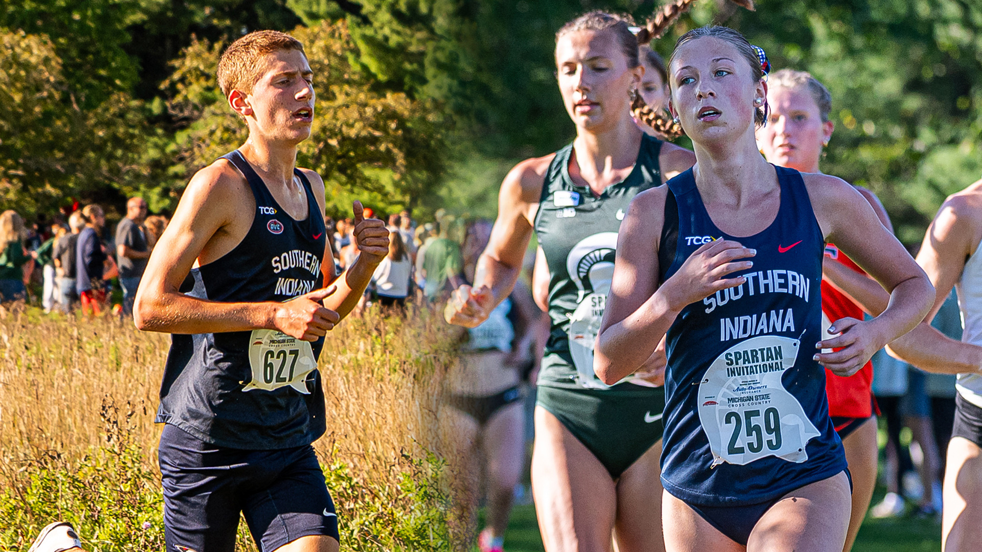 Brayden Kloeppel (left) and Maddie Graber (right) race at the 2026 MSU-Auto Owners Insurance Spartan Invitational September 11 in East Lansing, Michigan.