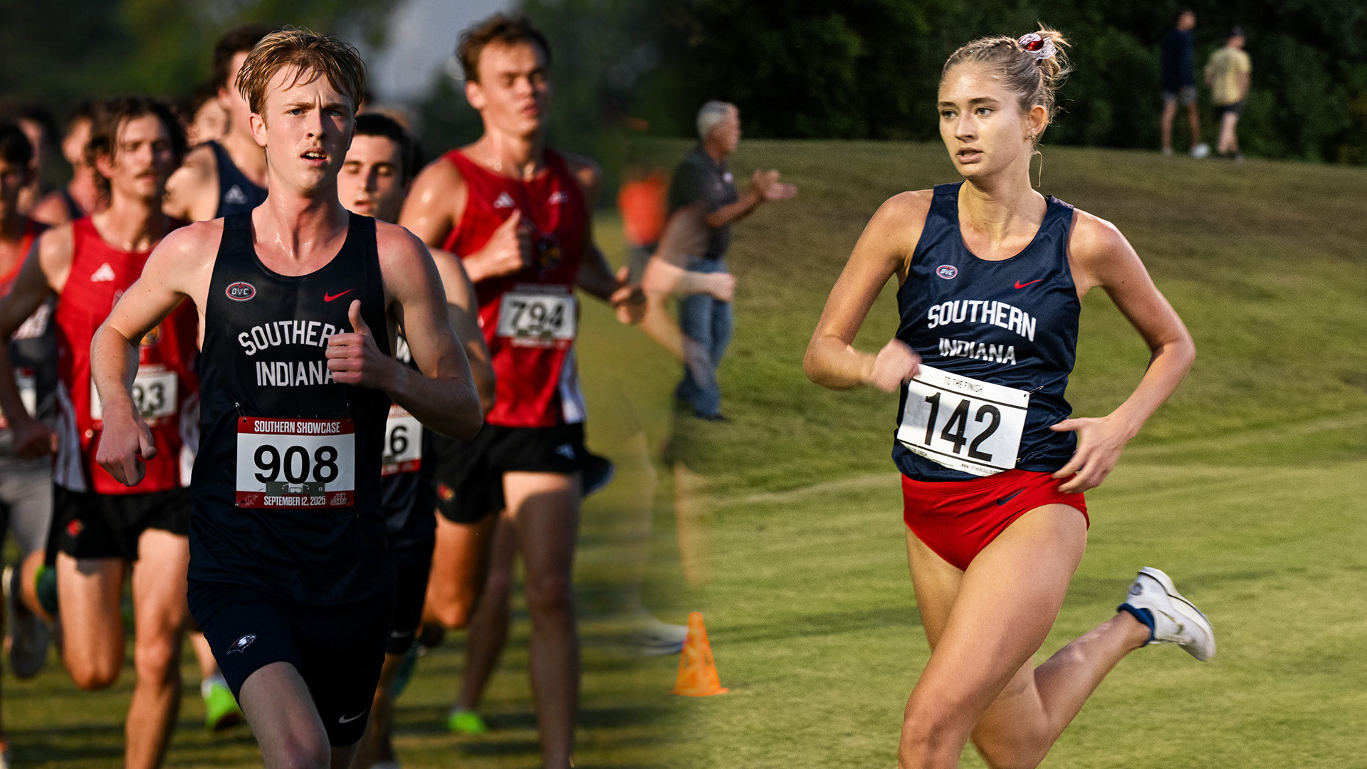 Ben Perulfi (left) running at the 2025 Southern Showcase in Huntsville, Alabama, and Lilyanna Blais (right) racing toward the finish line at the 2025 Stegemoller Twilight in Evansville, Indiana.