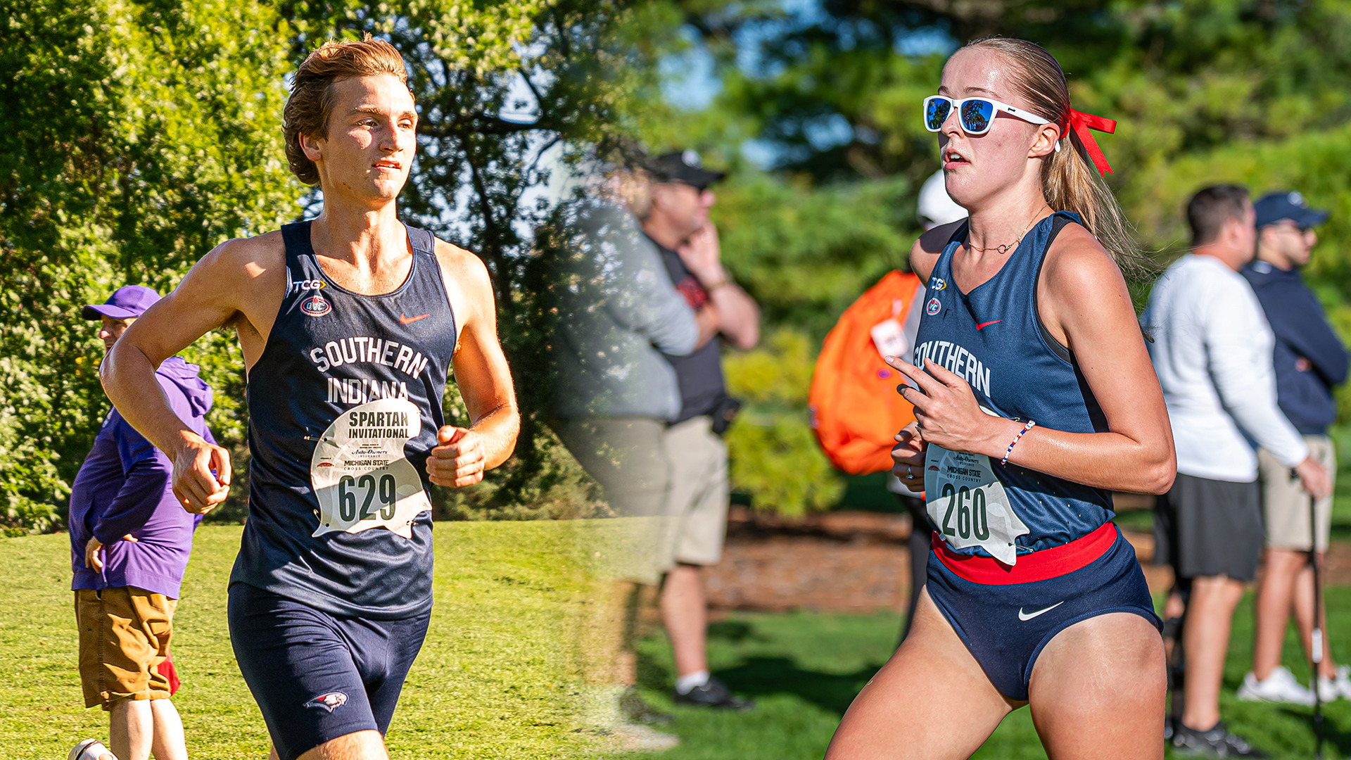 Alex Nolan (left) and Ellie Hall (right) run at the 2026 MSU-Auto Owners Insurance Spartan Invitational September 11 in East Lansing, Michigan.