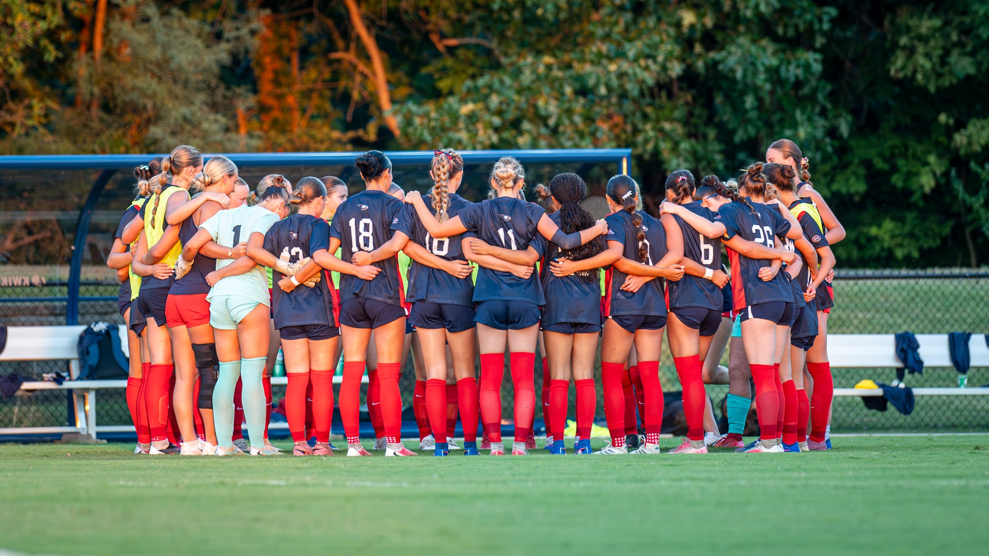 USI Women's Soccer pregame team huddle against Arkansas State.