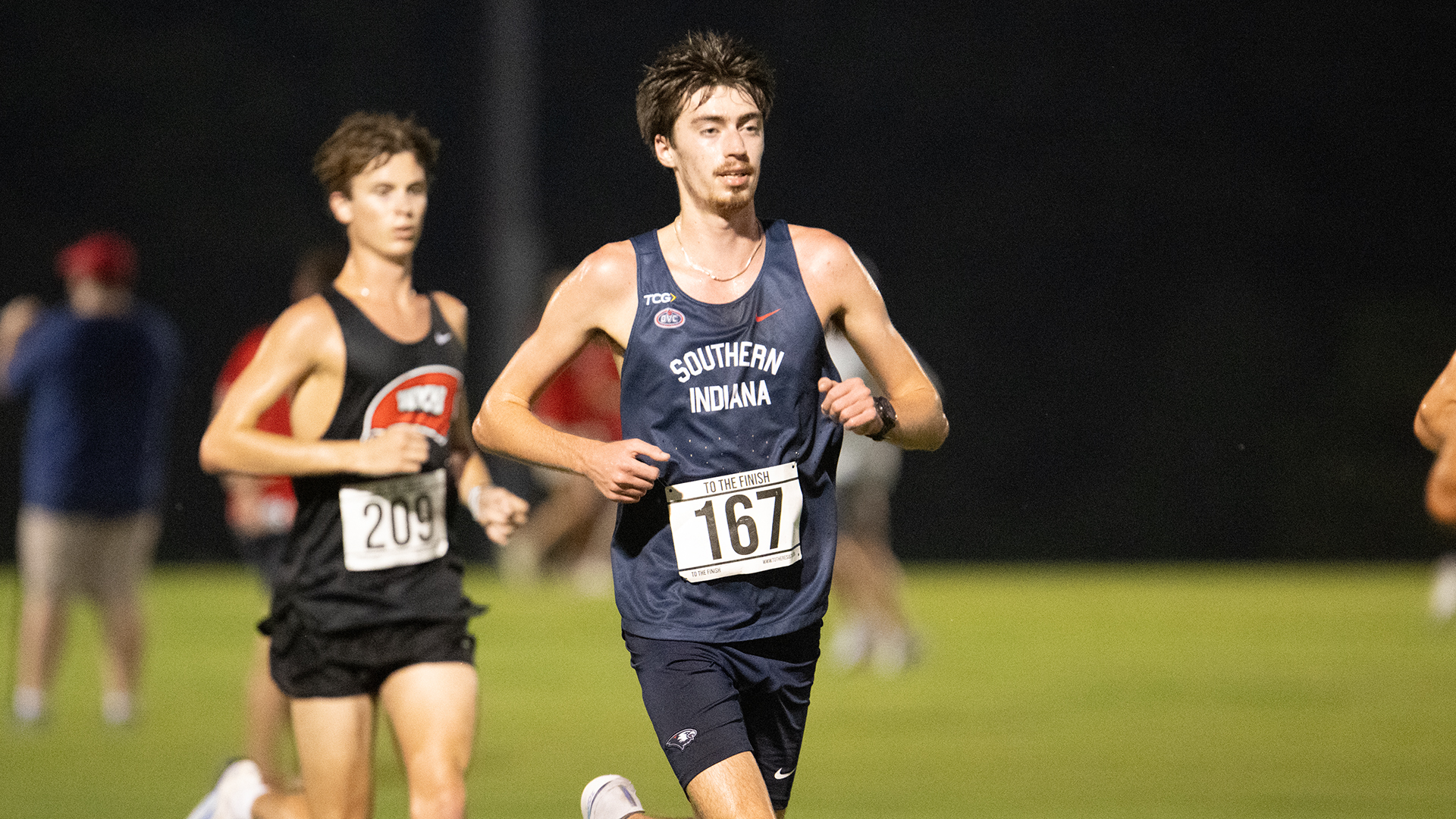Carson Brown runs at the 2026 Stegemoller Screagle Twilight at the USI Cross Country Course September 4 in Evansville, Indiana.