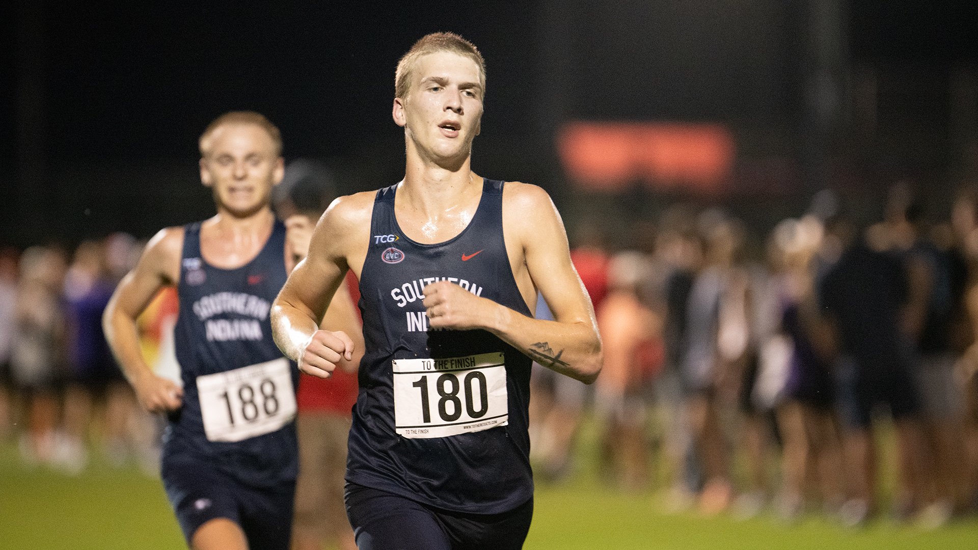 Chaz Oberkfell runs at the 2026 Stegemoller Screagle Twilight at the USI Cross Country Course September 4 in Evansville, Indiana.