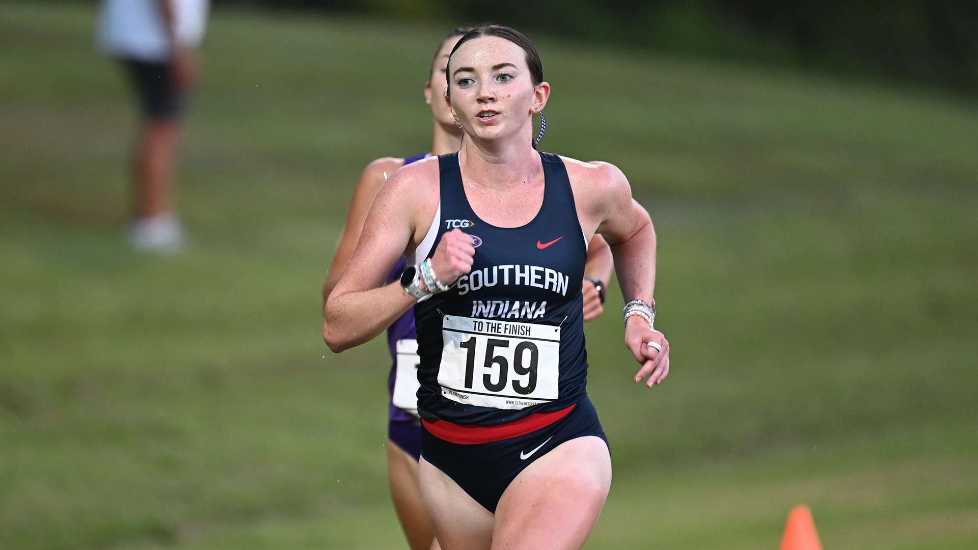 Sierra Parks runs at the 2026 Stegemoller Screagle Twilight September 4 at the USI Cross Country Course in Evansville, Indiana.
