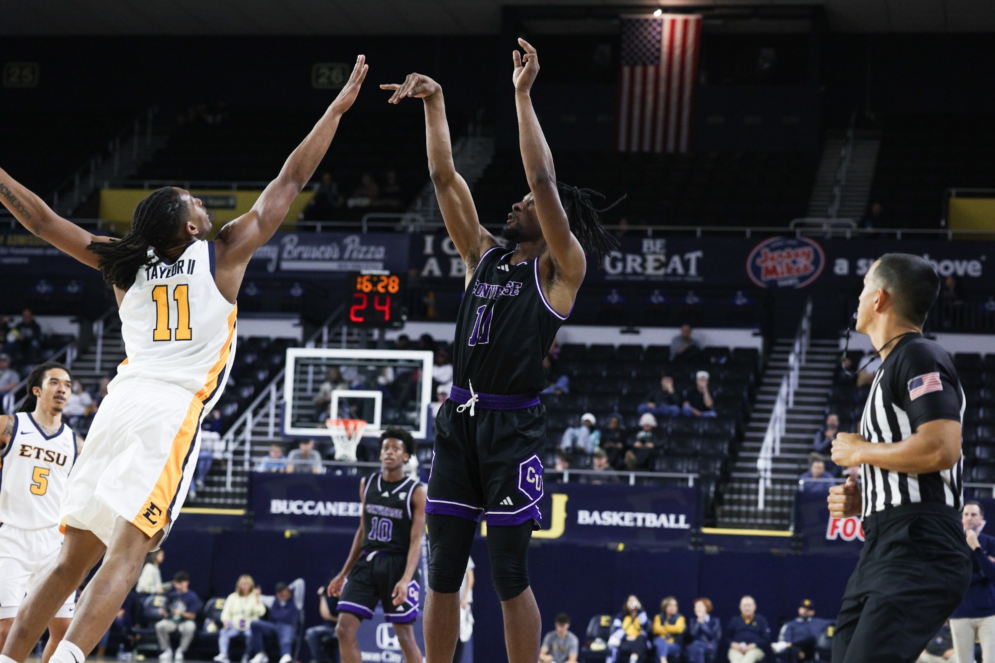 Latavian Lawrence attempts a jump shot against ETSU