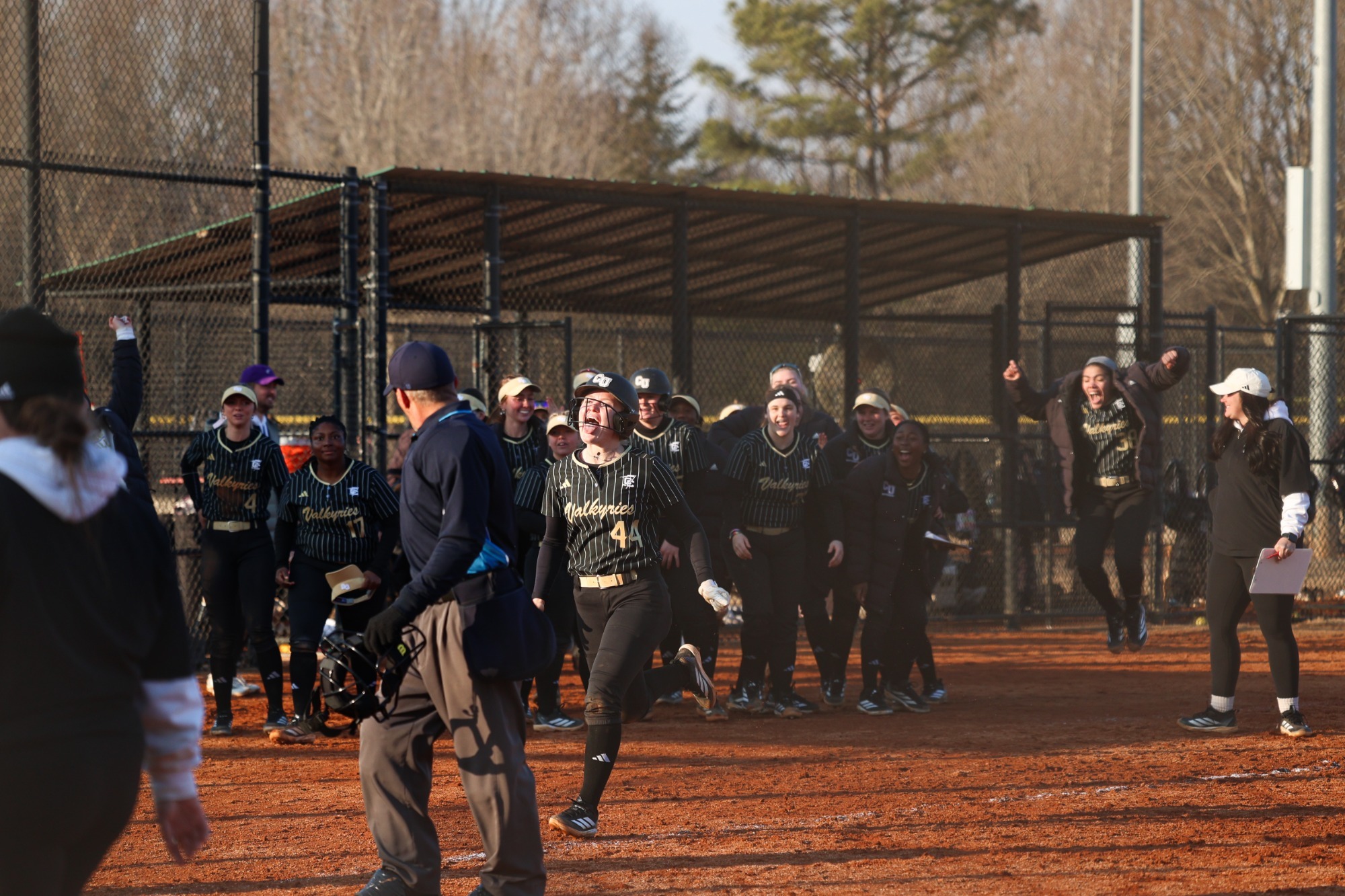 Olivia Jones crosses home plate with the team celebrating behind her