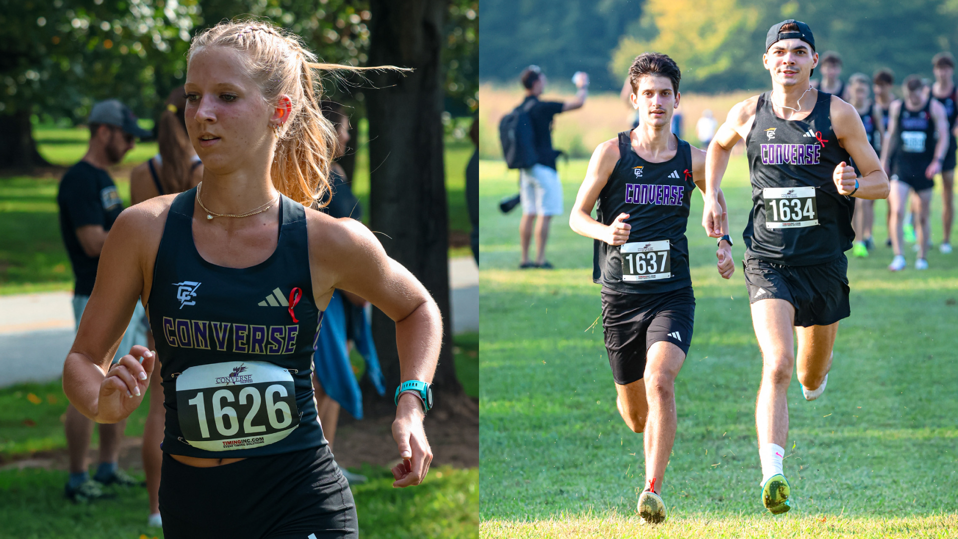 Left: Alyssa Skory runs at Millikan Right: Hunter Heron and Ben Notarangelo warm up before a race