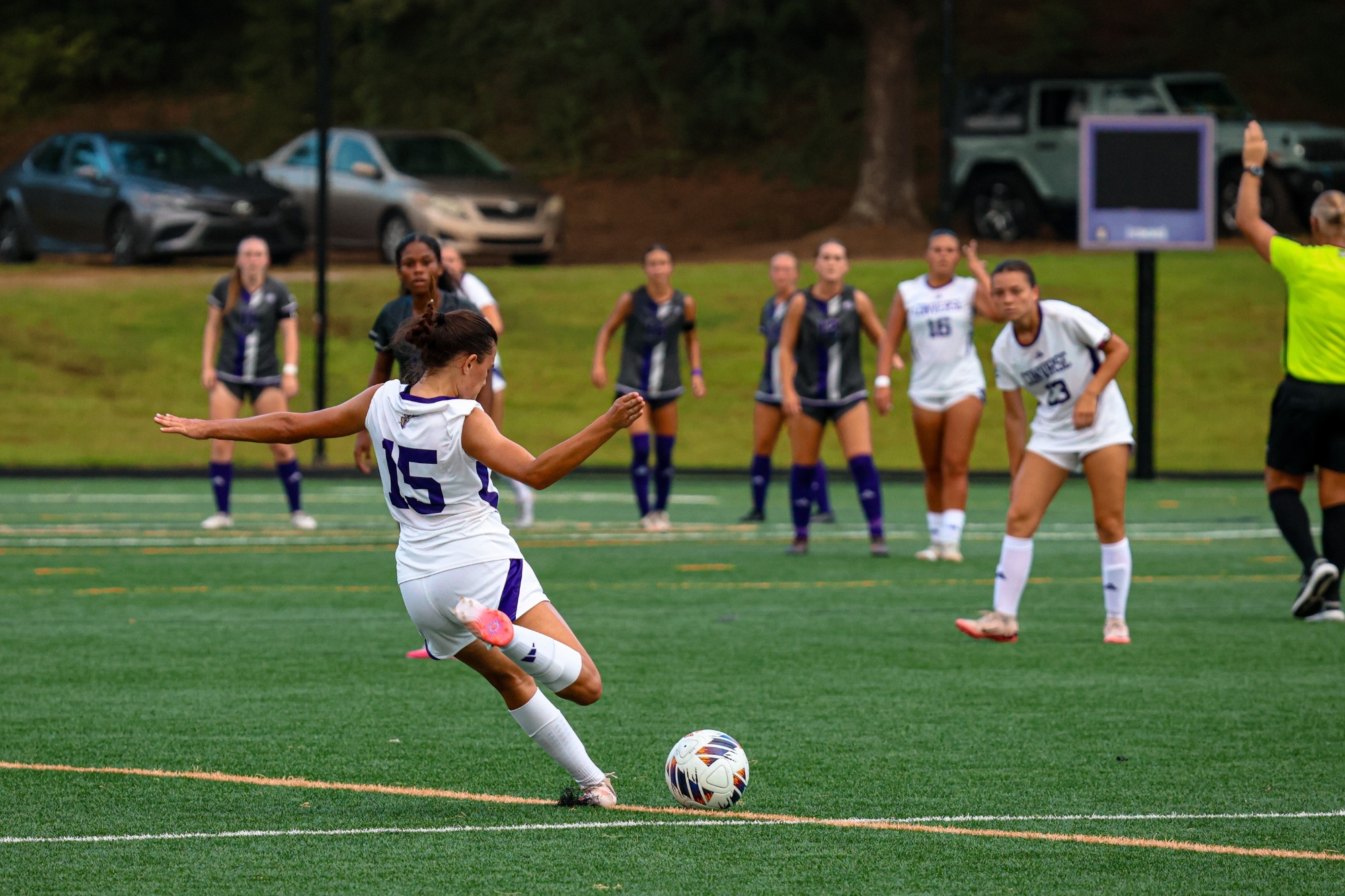 Kaylynn Griffis lines up a free kick against Young Harris