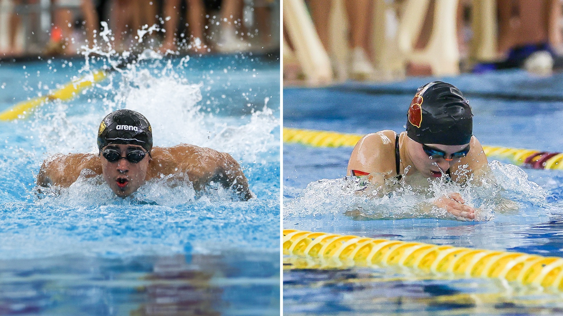 Miguel Siwady swimming butterfly on left and Andie Kinstle swimming breaststroke on right