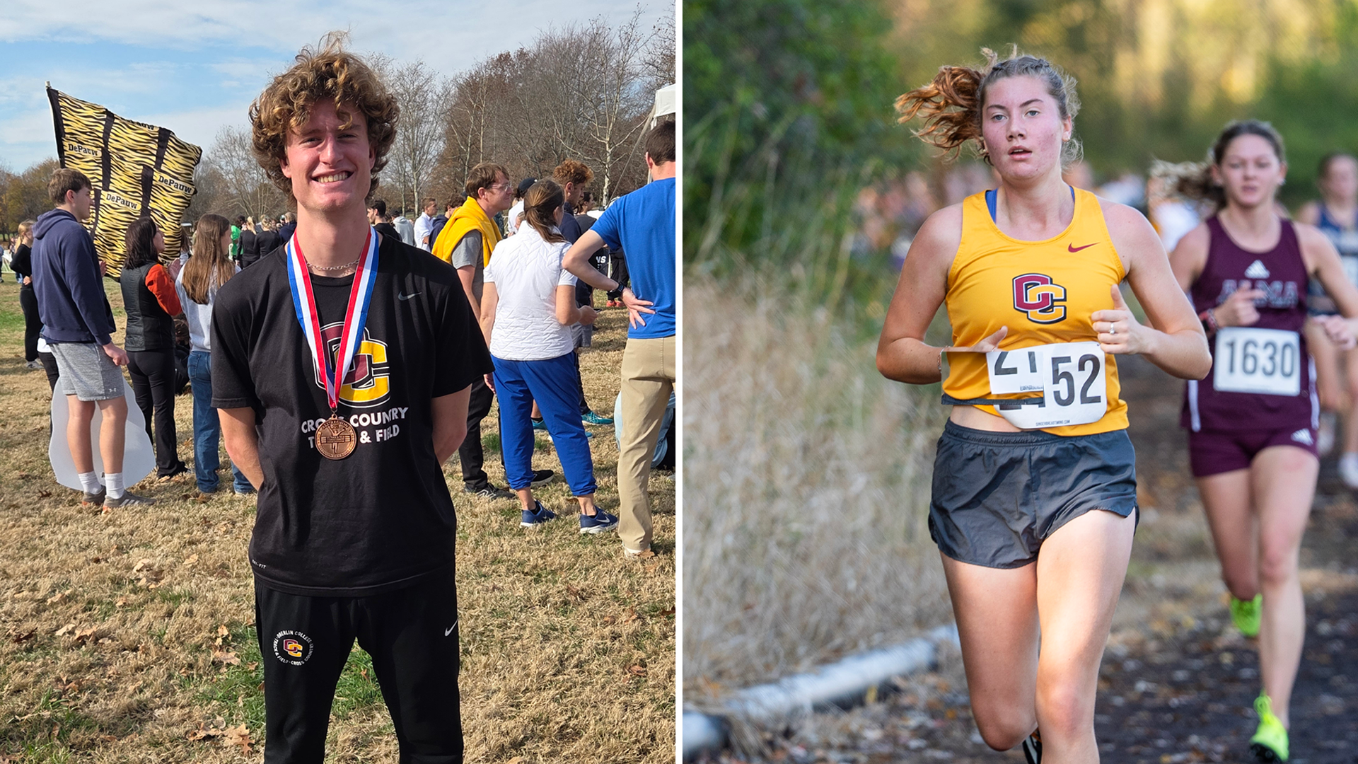 Liam Newman smiling with All-Region medal on left, Chelsea Larsen running on right