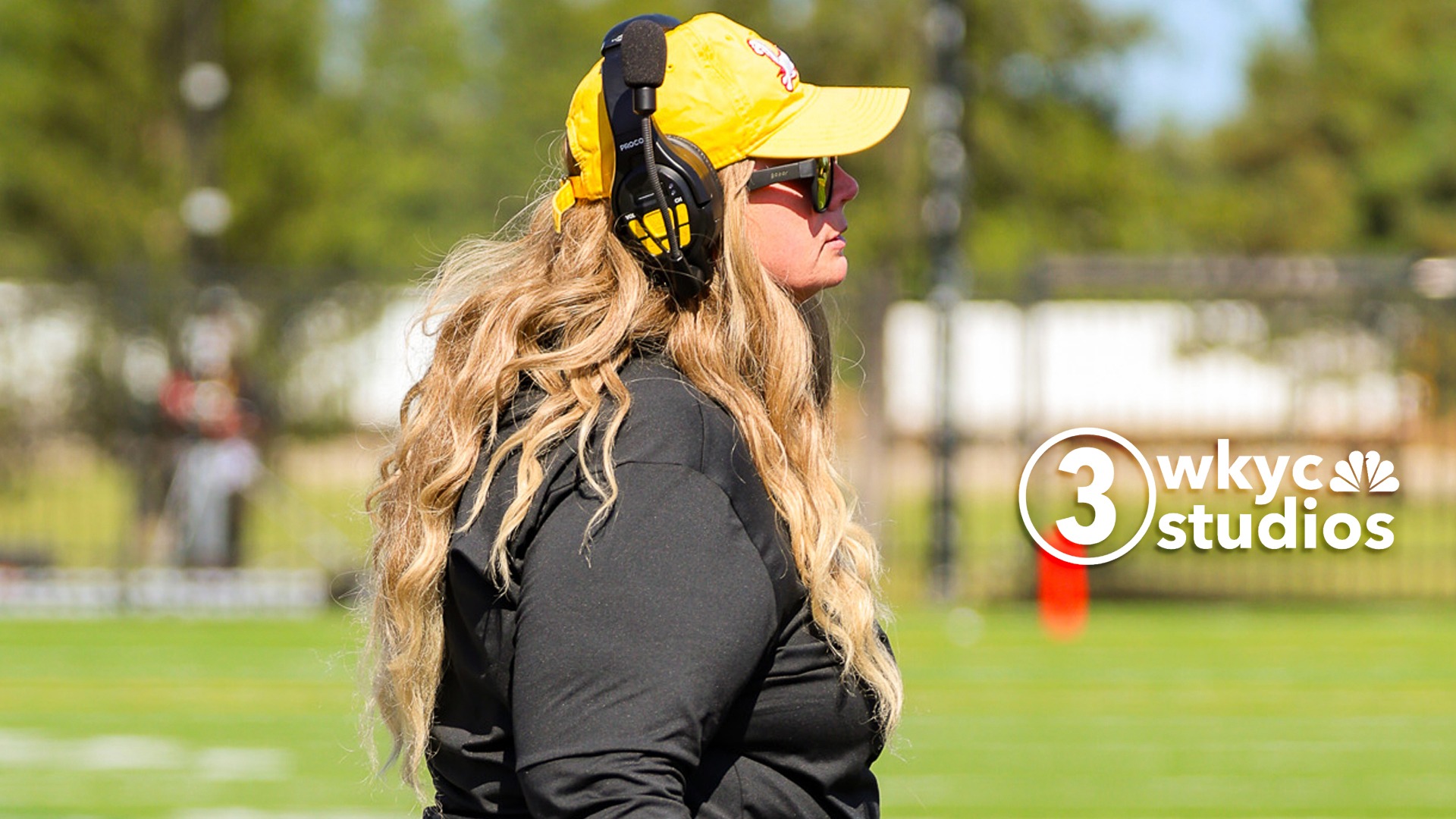Roseanna Smith wearing hat and headset, 3 WKYC Studios