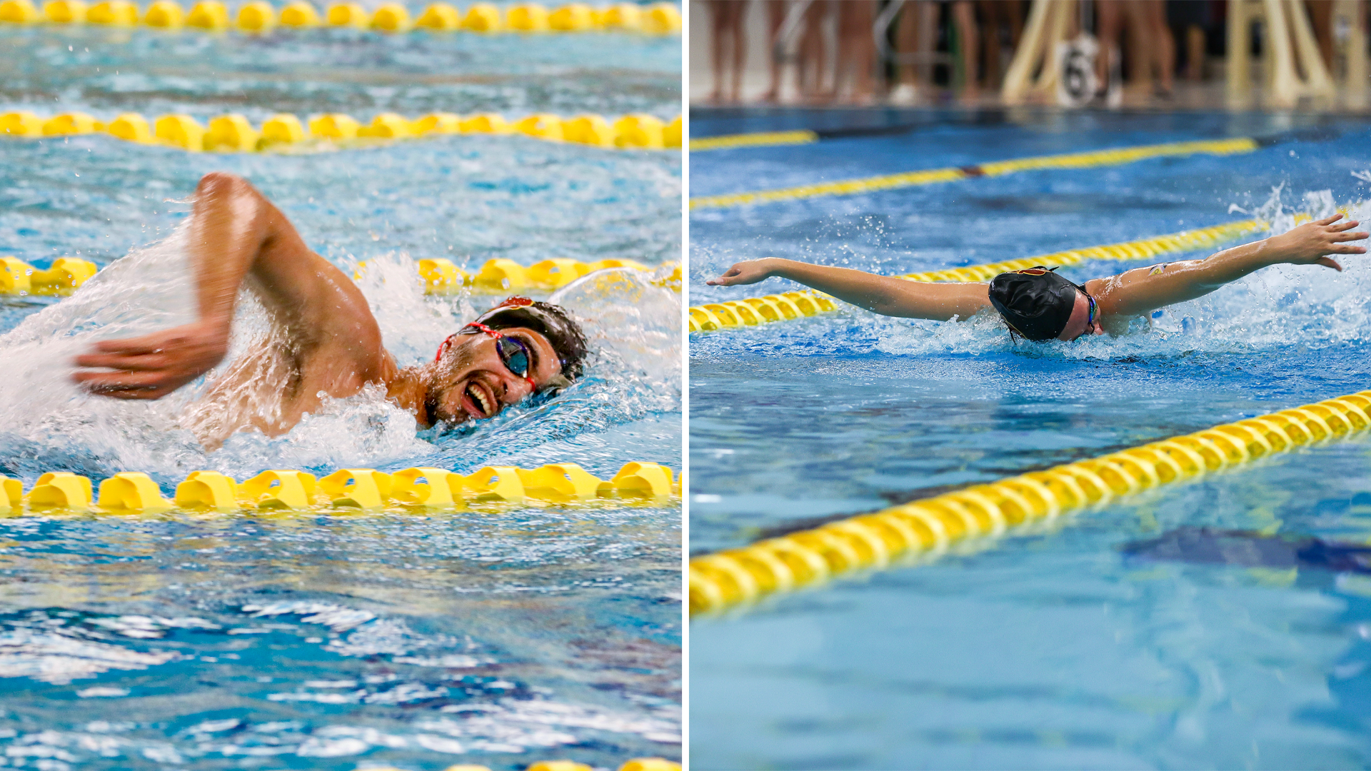 Chahine Said swimming freestyle on left and Kendall McKelvey swimming butterfly on right